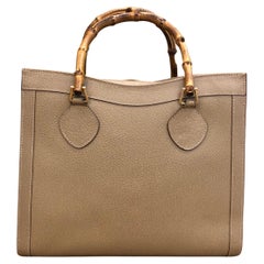 1990s Vintage Gucci Khaki Leather Bamboo Tote Diana Tote Bag (Medium)