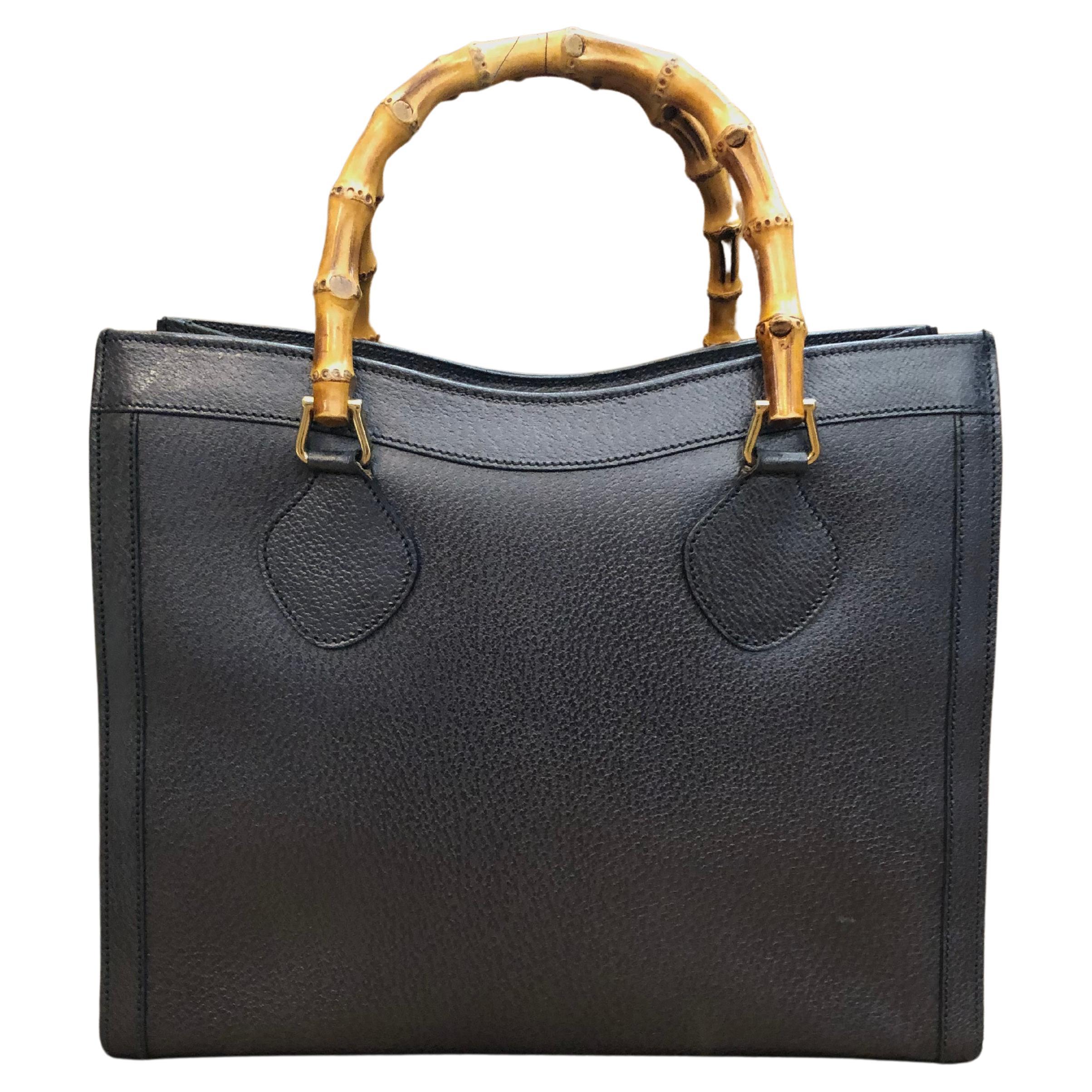 1990s Vintage GUCCI Diana Tote Bamboo Tote Bag Leather Graphite (Medium) For Sale