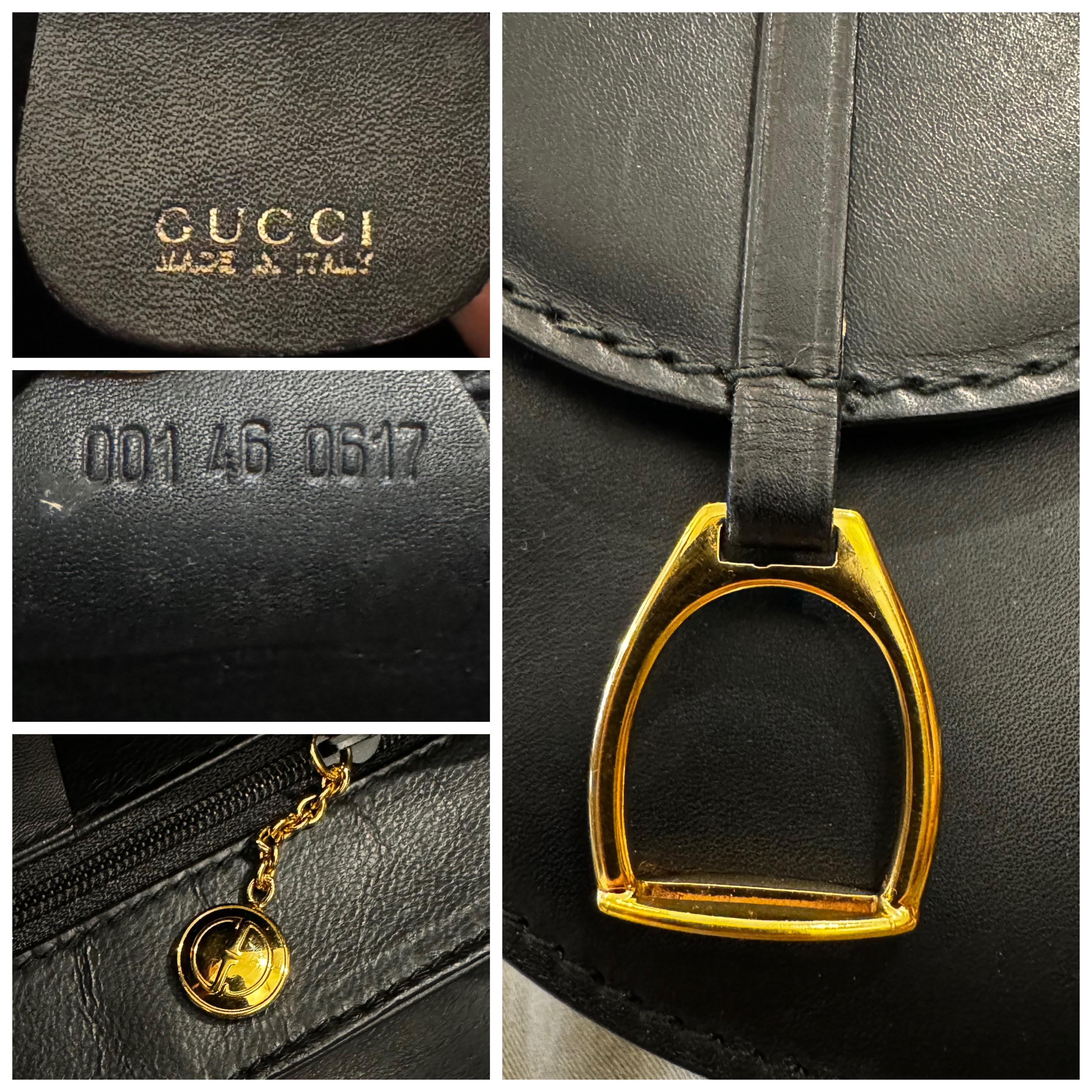 1990s Vintage GUCCI Leather Saddle Structured Shoulder Bag Black Equestrian 2