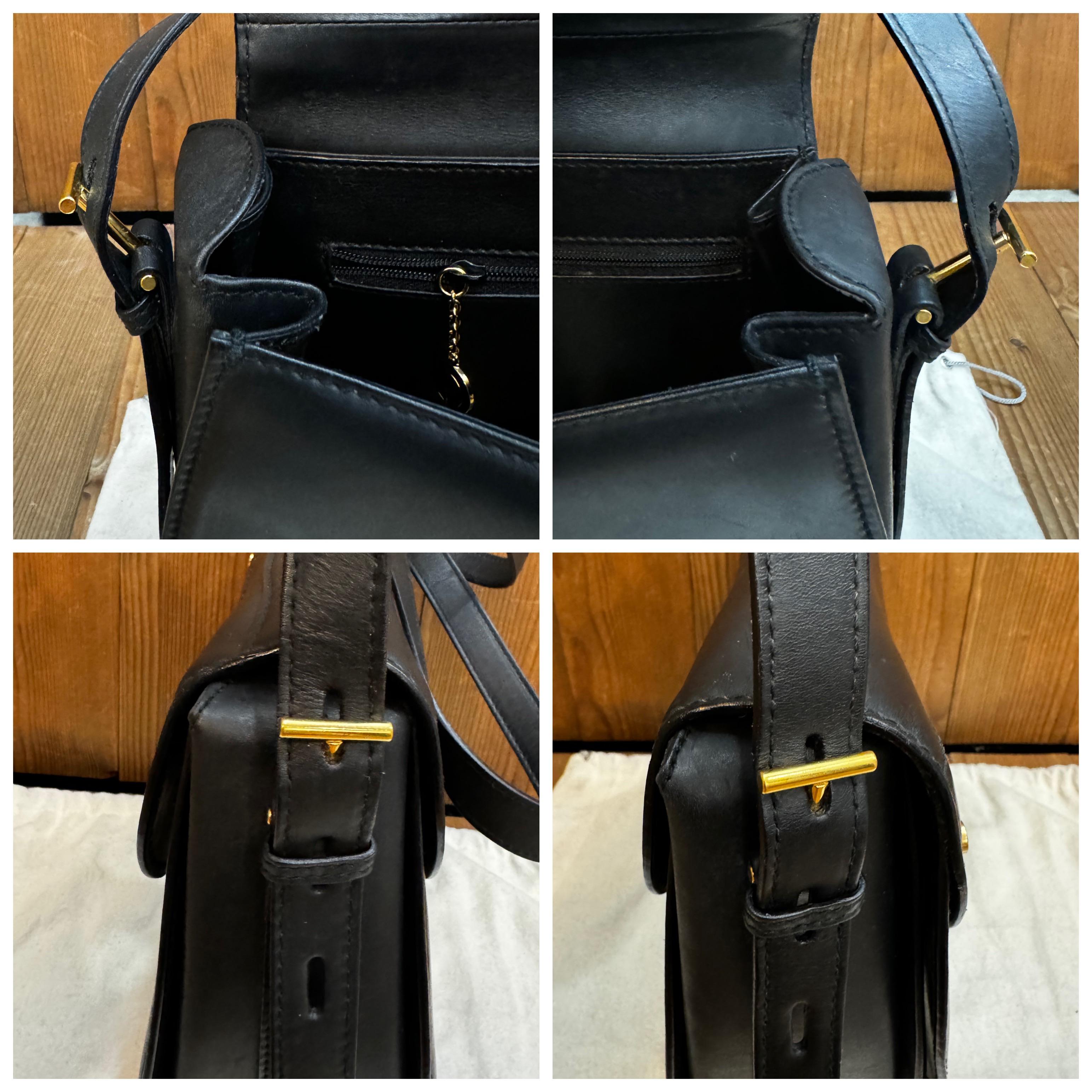 1990s Vintage GUCCI Leather Saddle Structured Shoulder Bag Black Equestrian 4