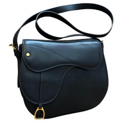1990s Vintage GUCCI Leather Saddle Structured Shoulder Bag Black Equestrian