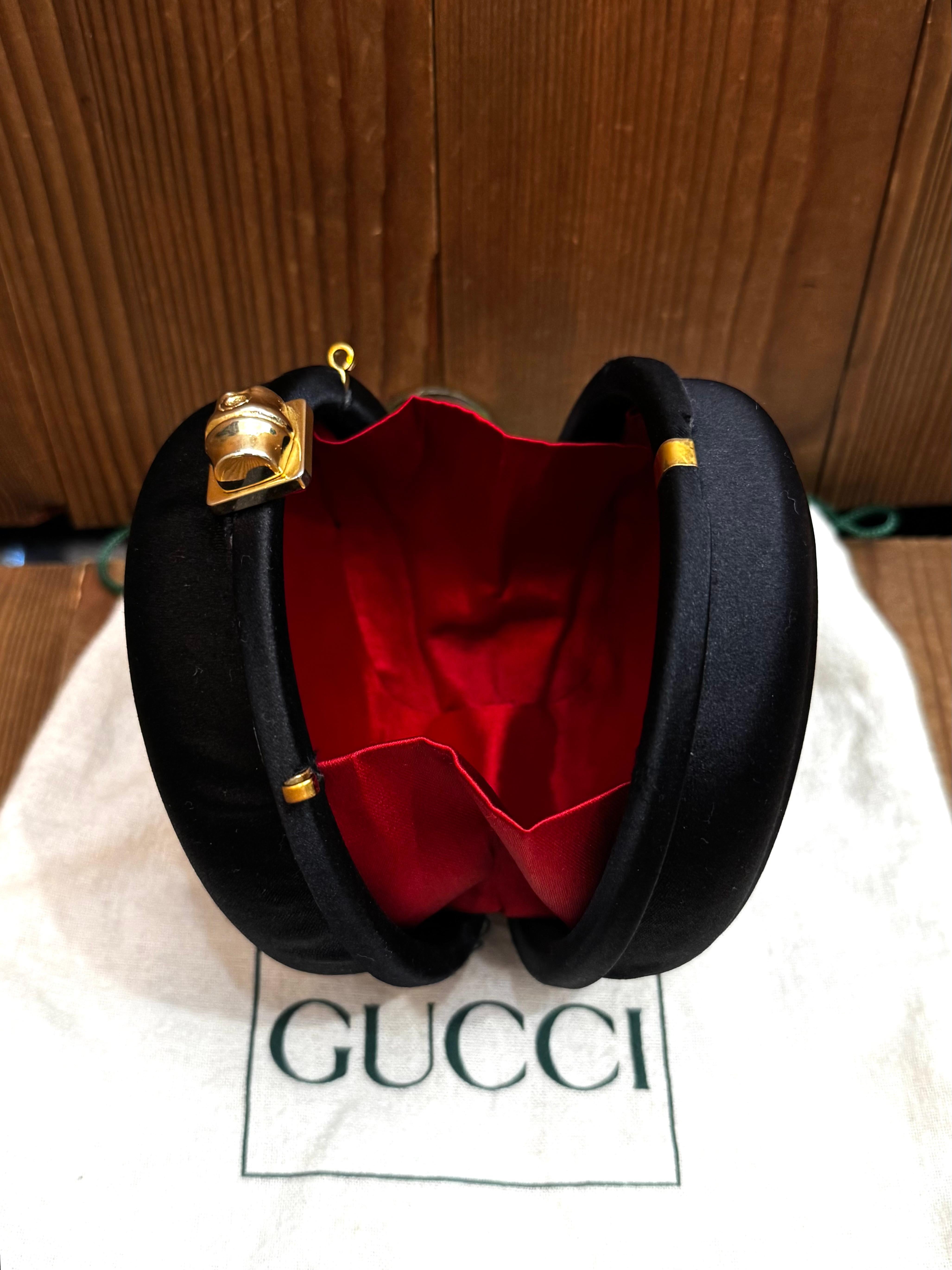 Women's 1990s Vintage GUCCI Micro Satin Bamboo Box Clutch Bag Black Mini For Sale