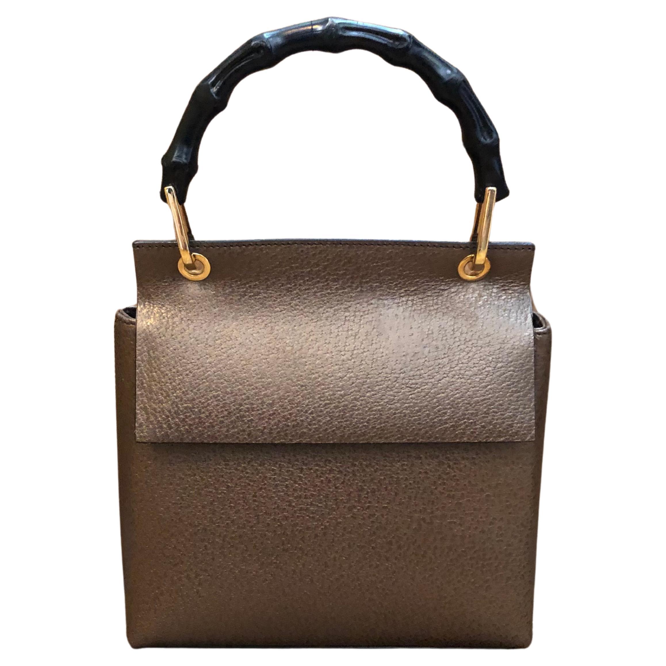 1990s Vintage GUCCI Small Bamboo Leather Handbag Metallic Brown