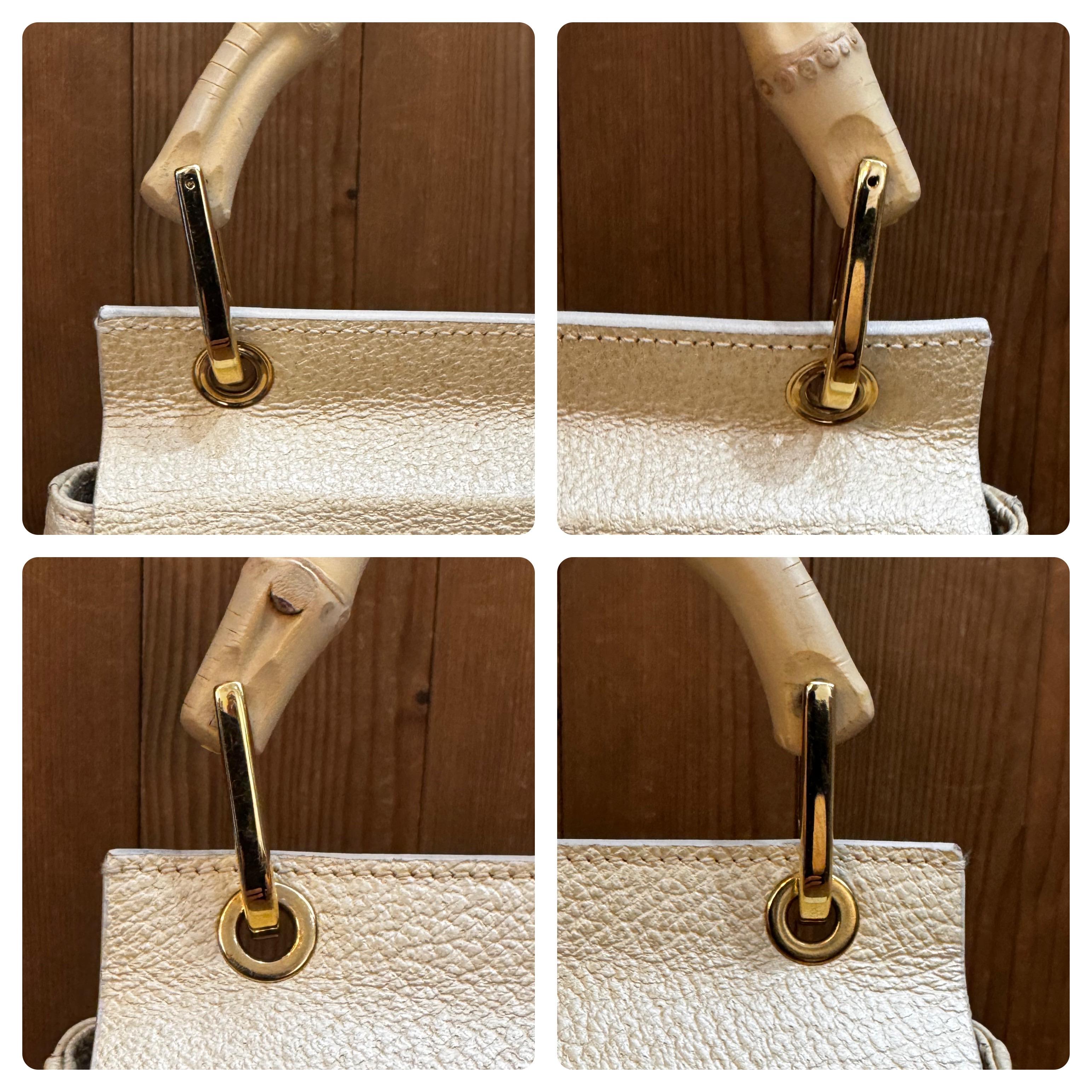 1990s Vintage GUCCI Small Bamboo Leather Handbag Off white For Sale 1