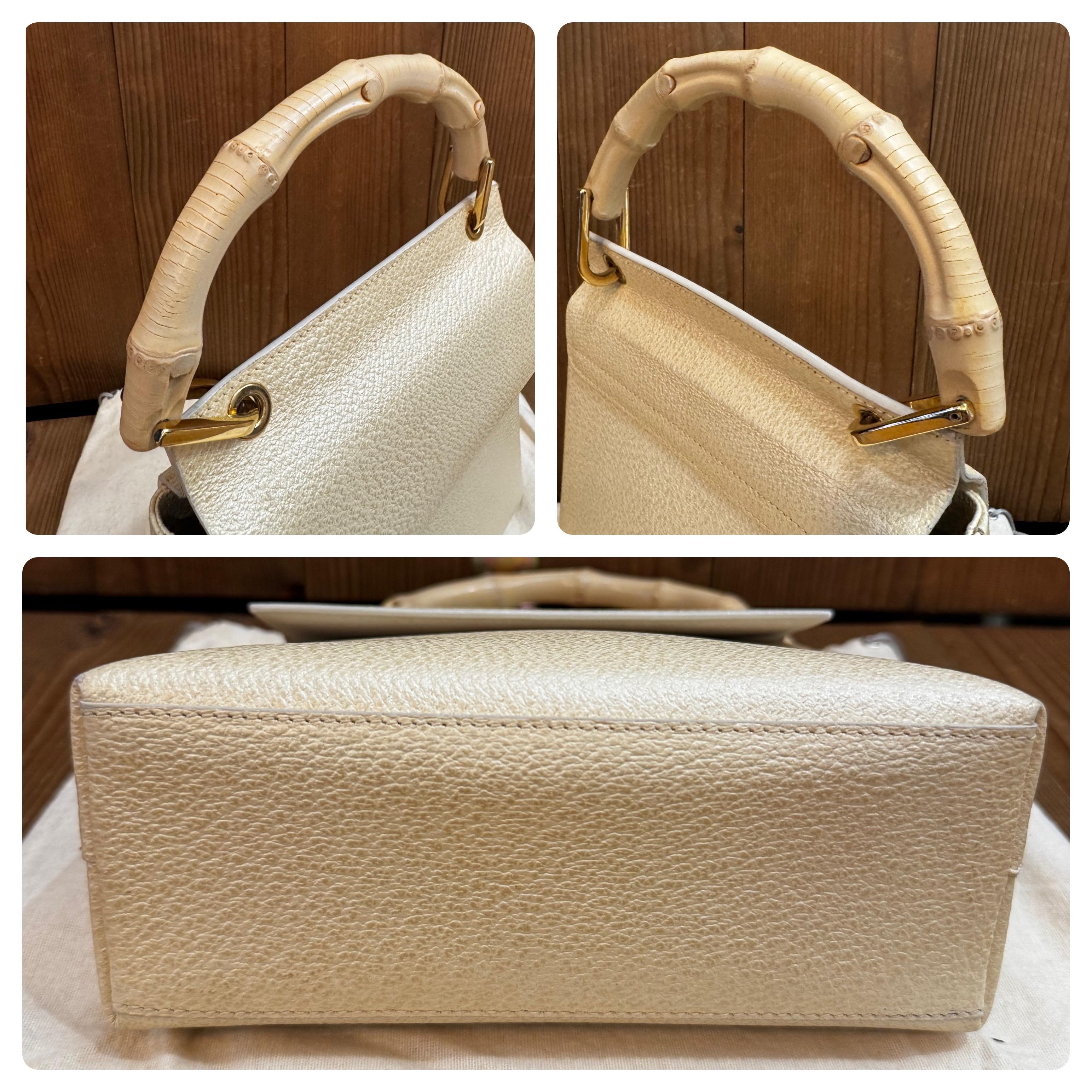 1990s Vintage GUCCI Small Bamboo Leather Handbag Off white For Sale 2