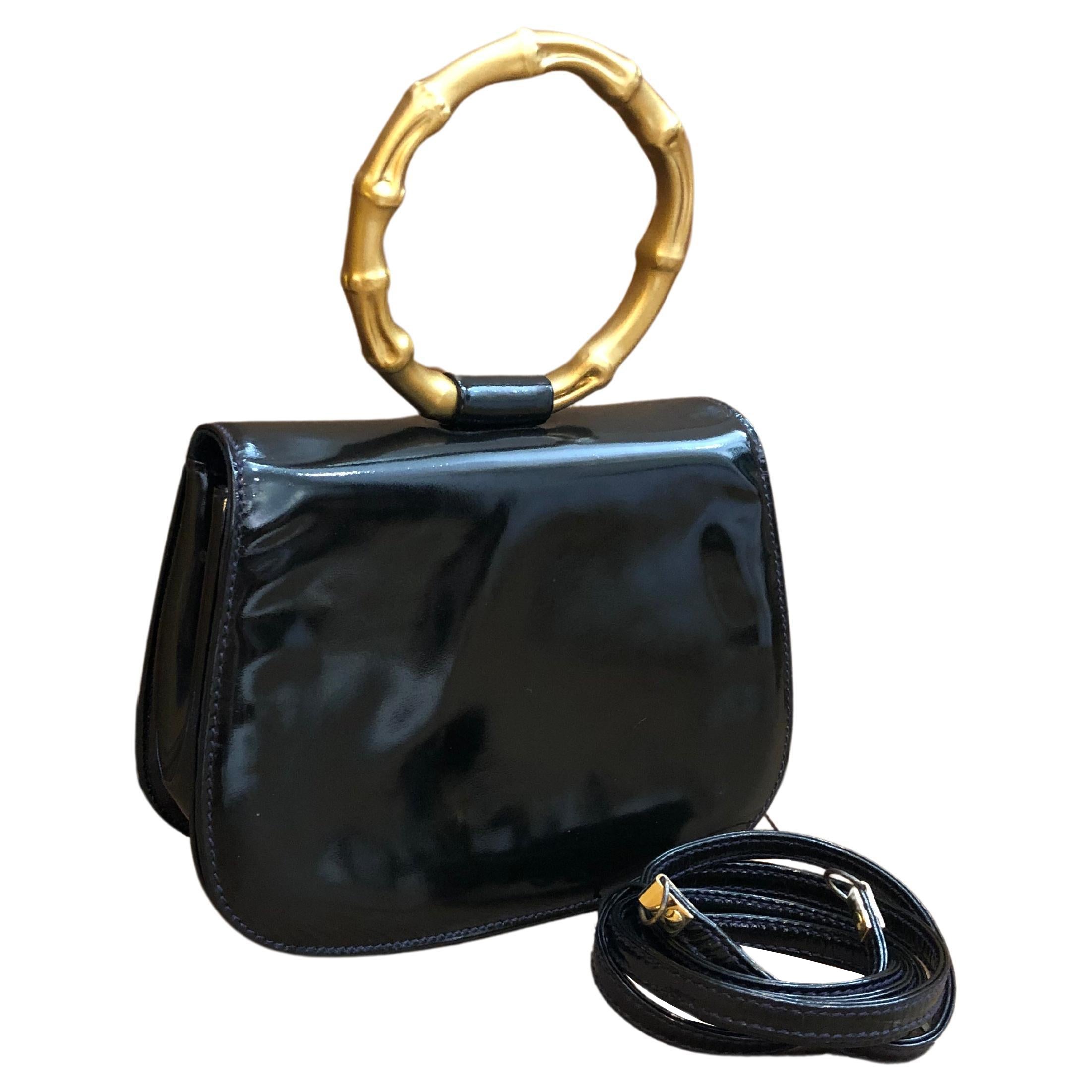 1990s Vintage GUCCI Mini Bamboo Ring Handbag Crossbody Bag Patent Leather Black