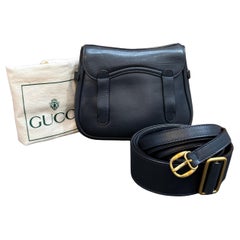 1990s Vintage GUCCI Mini Calfskin Leather Saddle Two-Way Crossbody Belt Bag Navy