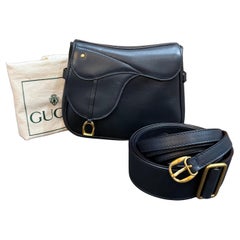 1990s Vintage GUCCI Mini Calfskin Leather Saddle Two-Way Crossbody Belt Bag Navy