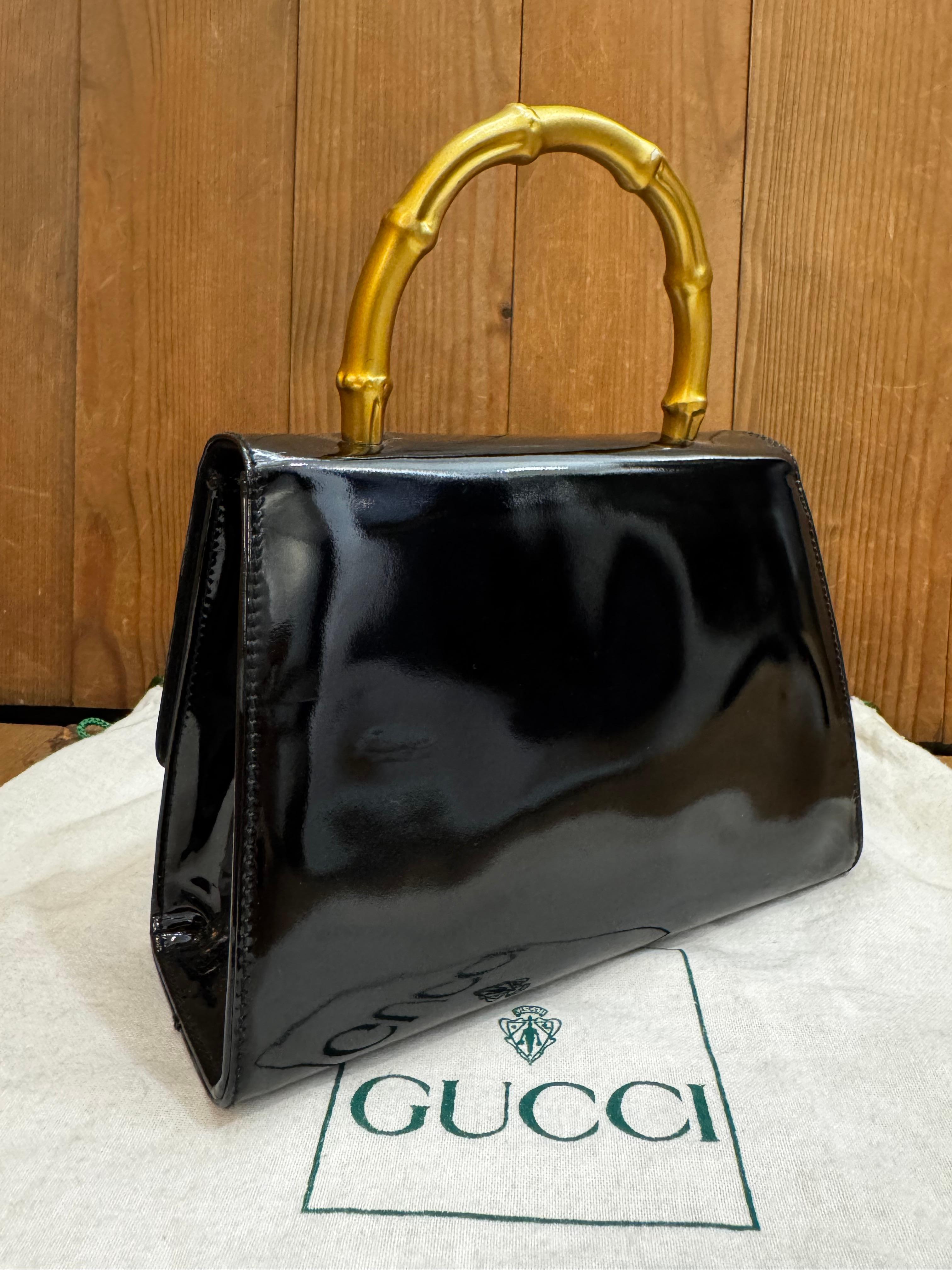 1990s Vintage GUCCI Mini Gold Bamboo Ring Hand Bag Patent Leather Black 7
