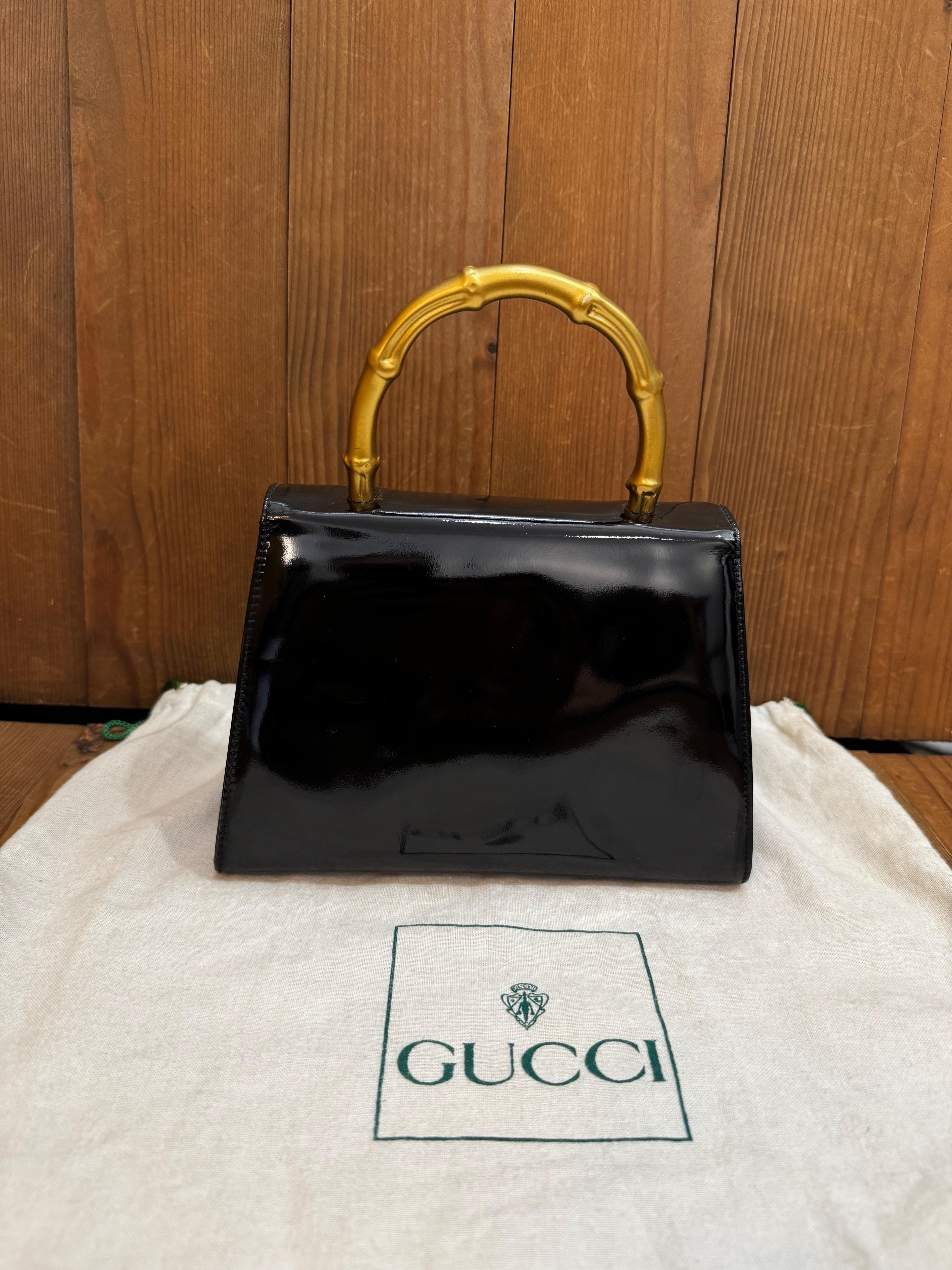 1990s Vintage GUCCI Mini Gold Bamboo Ring Hand Bag Patent Leather Black In Good Condition In Bangkok, TH