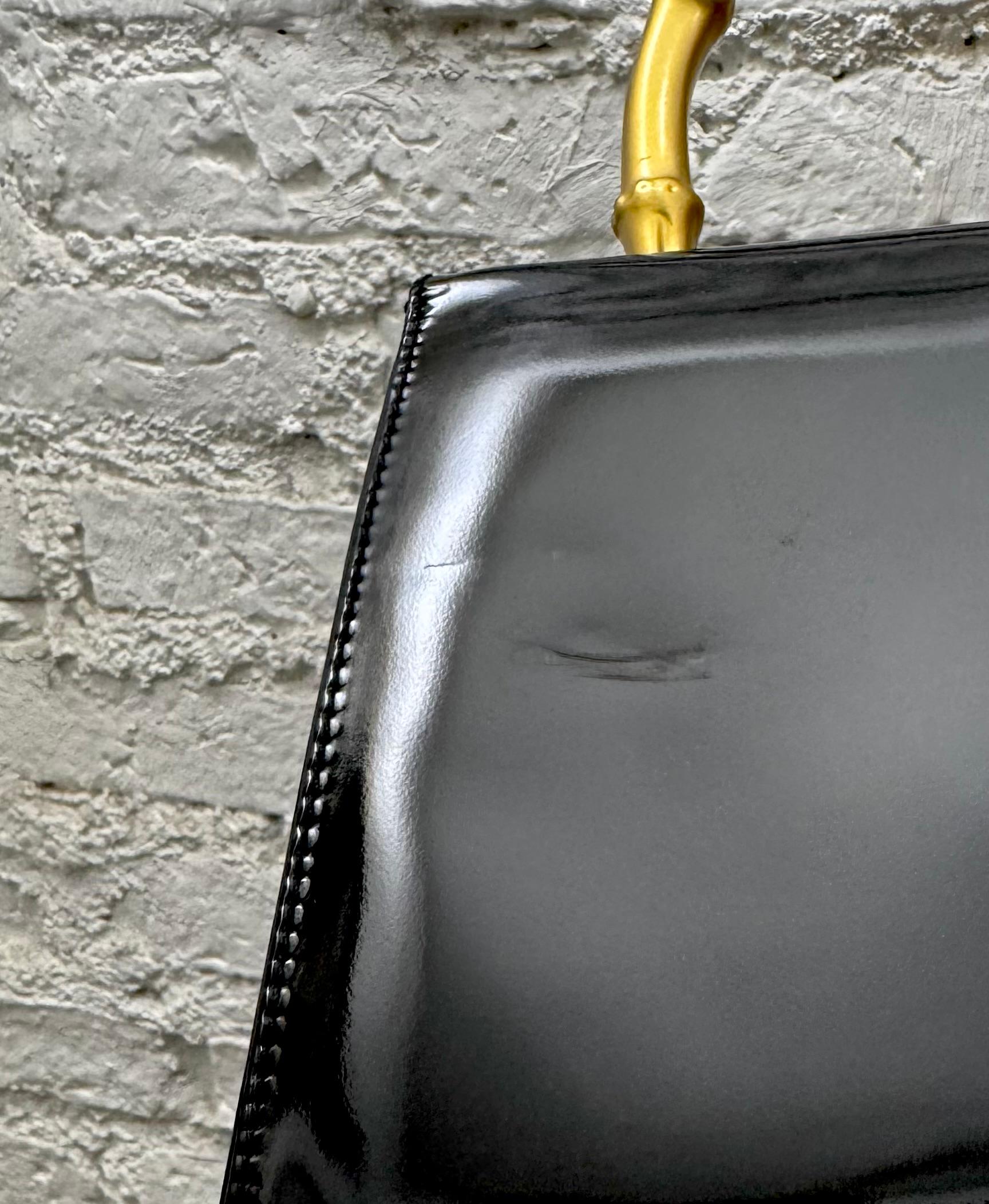 1990s Vintage GUCCI Mini Gold Bamboo Ring Hand Bag Patent Leather Black 8