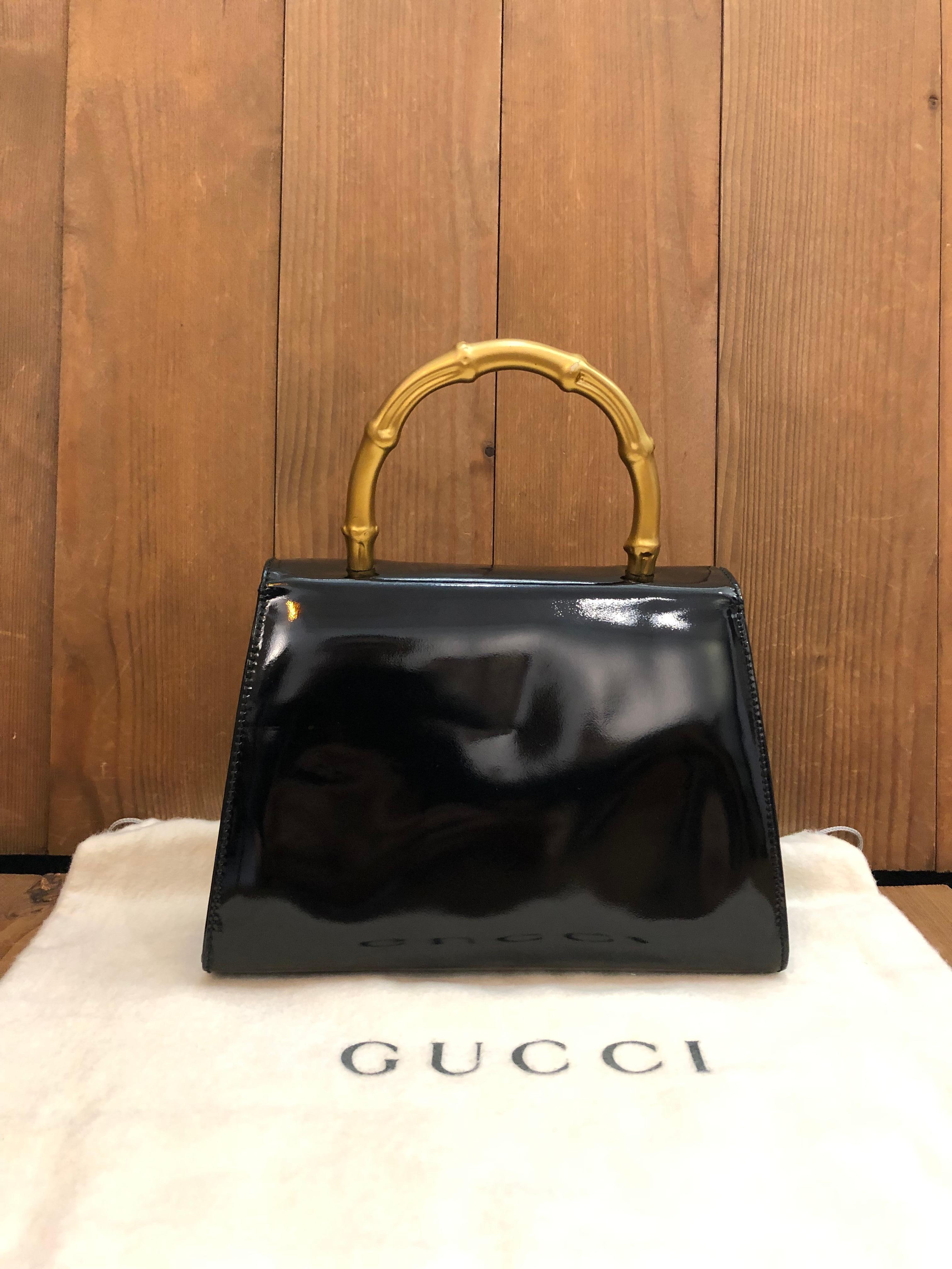 1990s Vintage GUCCI Mini Gold Bamboo Ring Hand Bag Patent Leather Black In Excellent Condition For Sale In Bangkok, TH