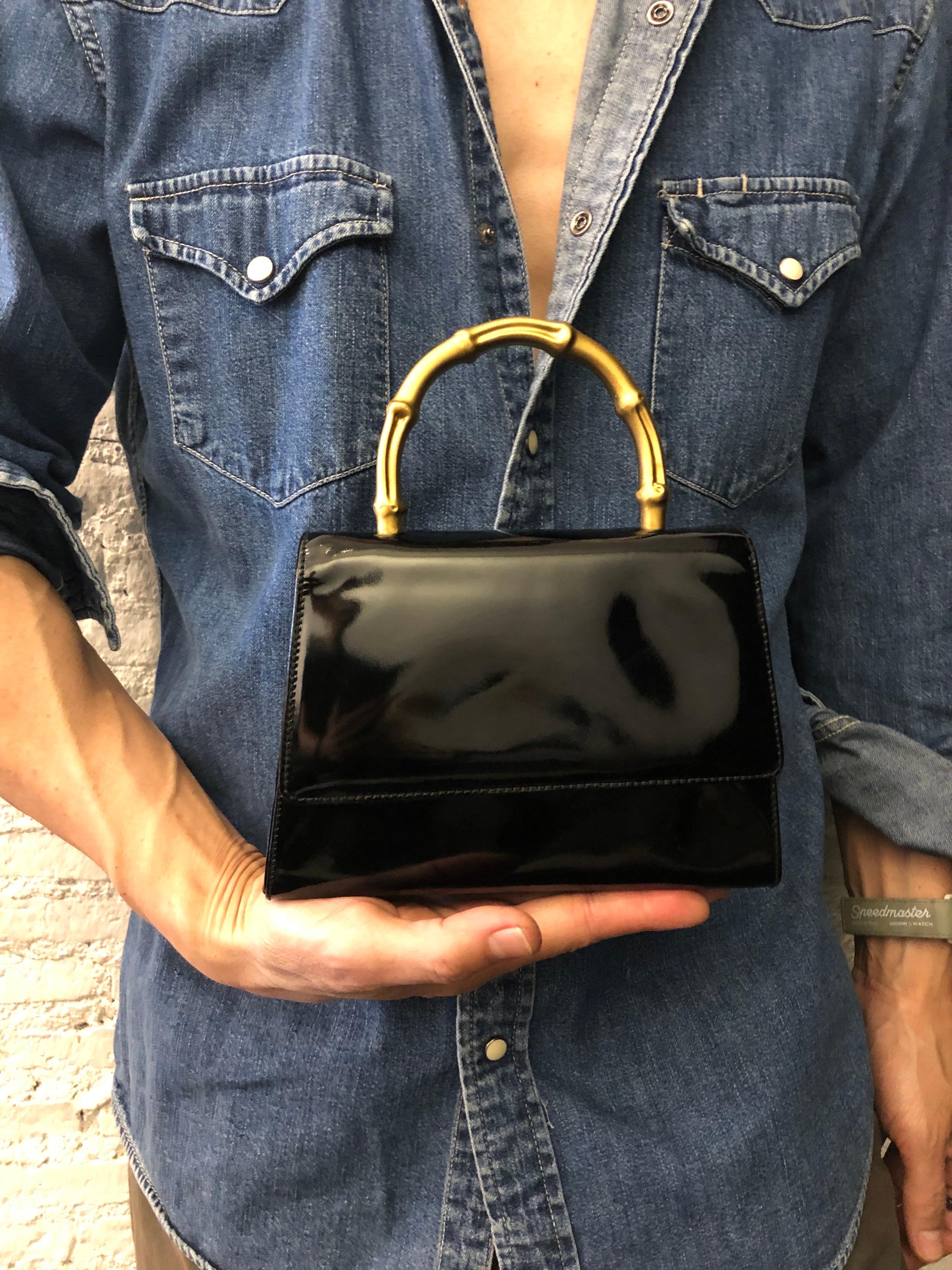 1990s Vintage GUCCI Mini Gold Bamboo Ring Hand Bag Patent Leather Black For Sale 1