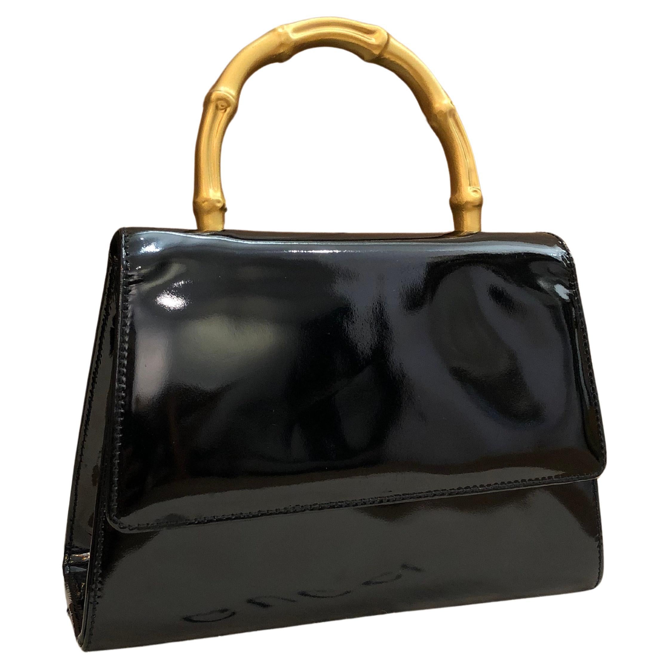 1990s Vintage GUCCI Mini Gold Bamboo Ring Hand Bag Patent Leather Black For Sale