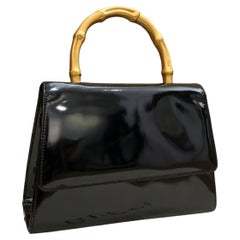 1990s Vintage GUCCI Mini Gold Bamboo Ring Hand Bag Patent Leather Black