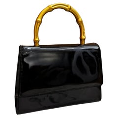 1990s Vintage GUCCI Mini Gold Bamboo Ring Hand Bag Patent Leather Black