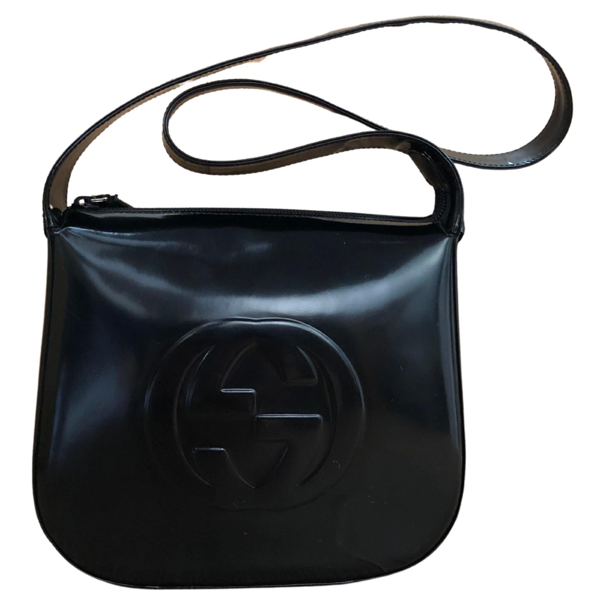 1990s Vintage GUCCI Small Hobo Shoulder Bag Polished Leather Black  For Sale