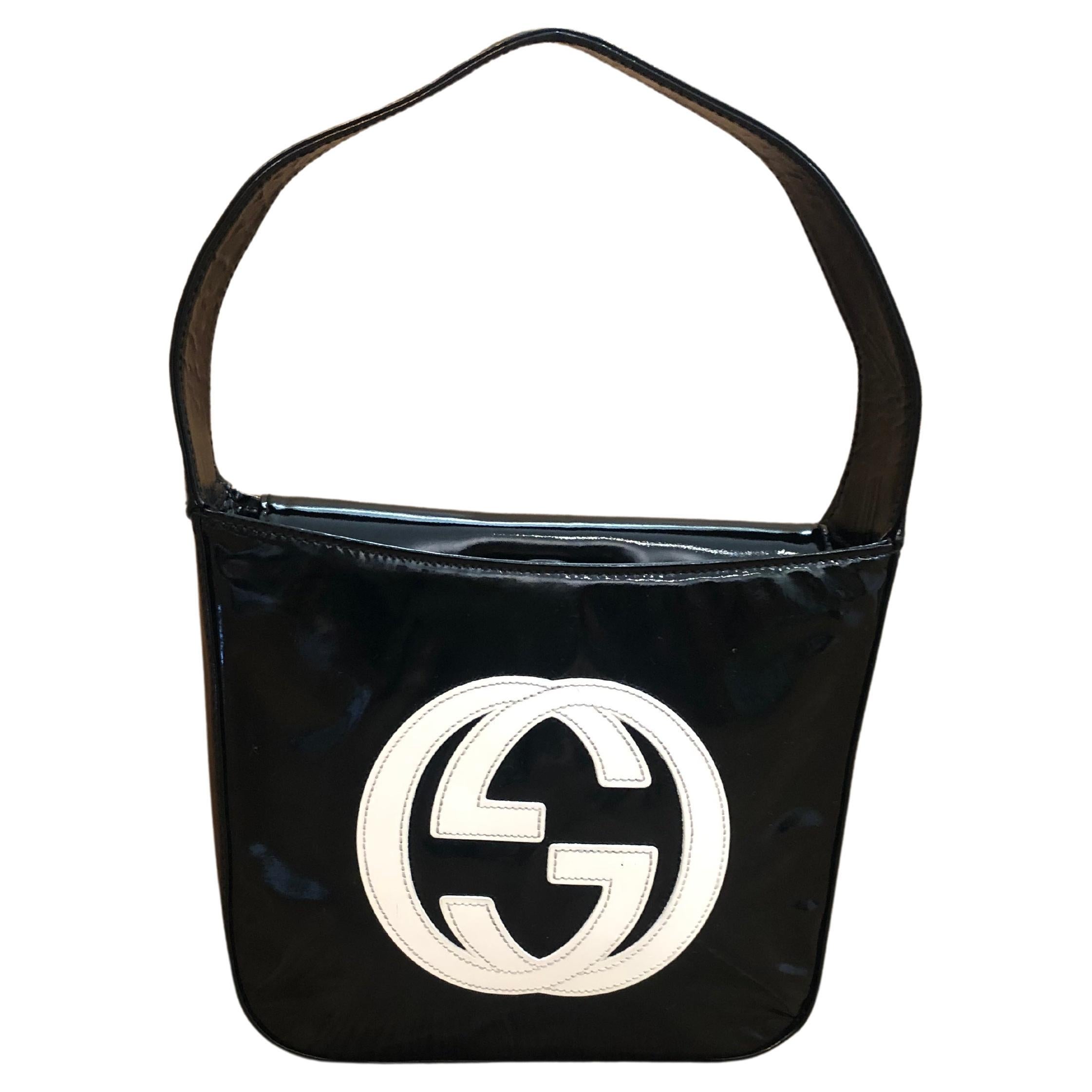 1990s Vintage GUCCI Mini Hobo Handbag Patent Leather Black  For Sale