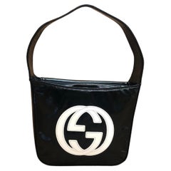 1990s Vintage GUCCI Mini Hobo Handbag Patent Leather Black 