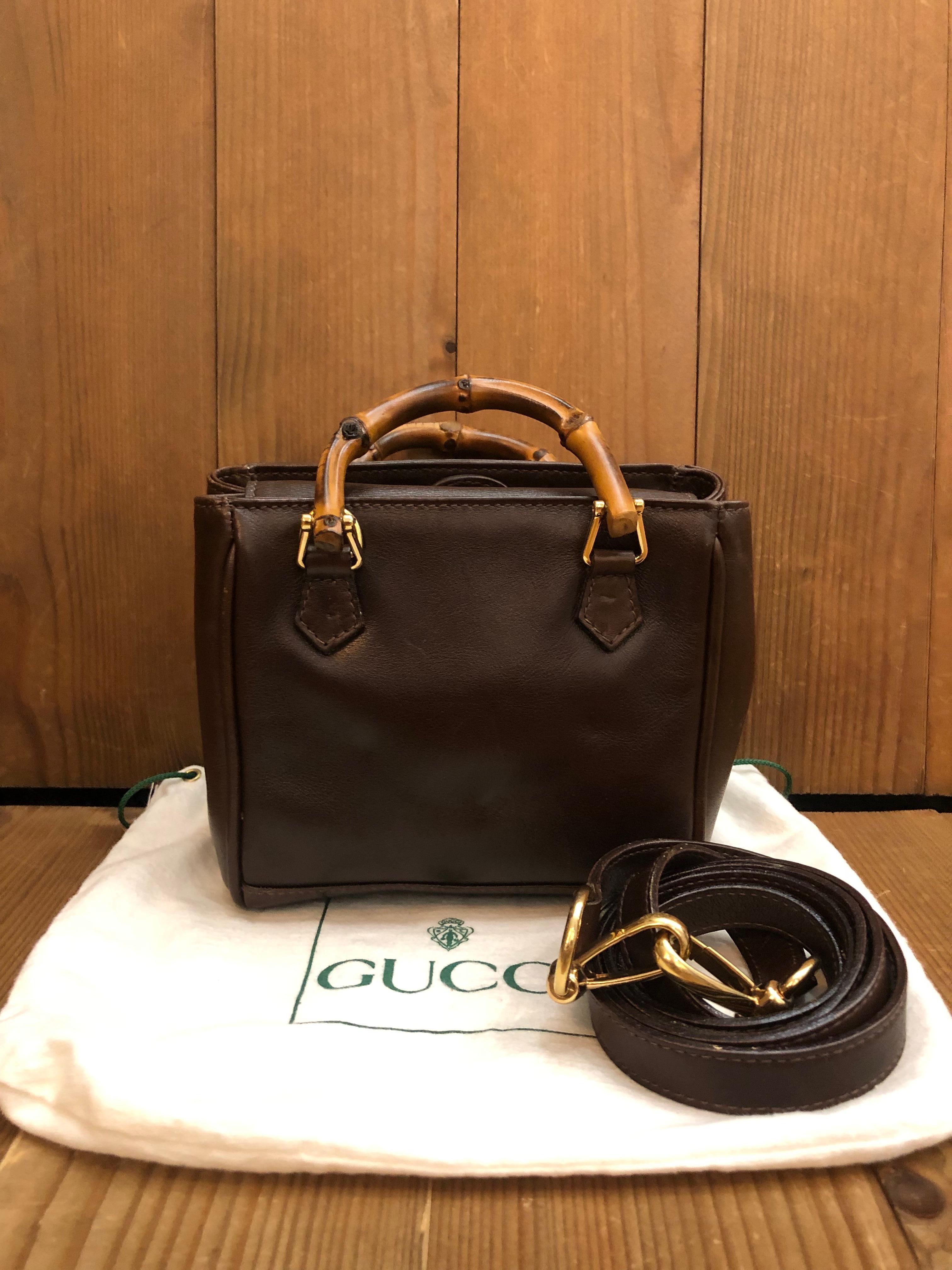 1990s Vintage GUCCI Mini Leather Bamboo Two-Way Crossbody Handbag Chocolate In Good Condition In Bangkok, TH