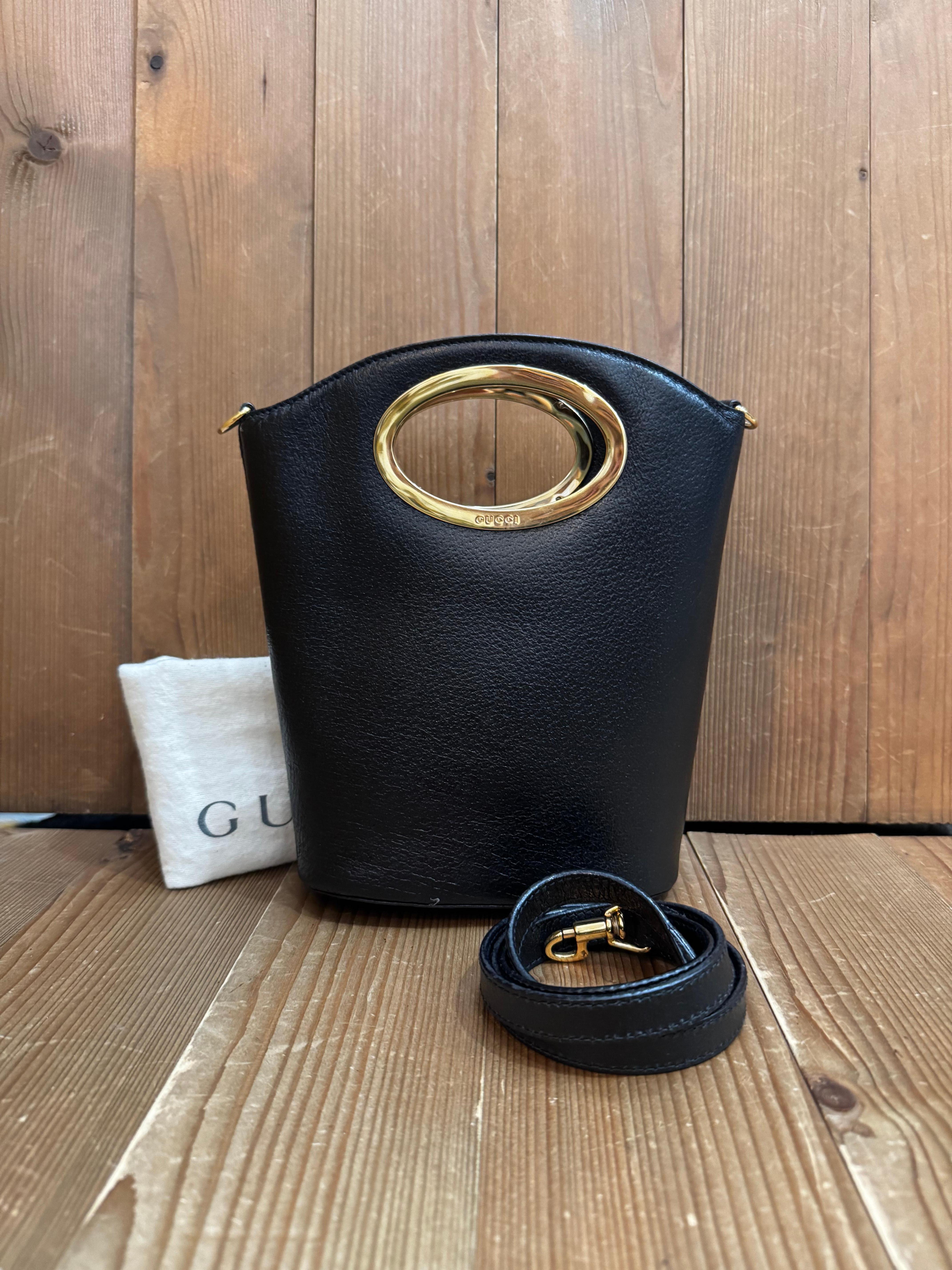 1990s Vintage GUCCI Mini Two-Way Bucket Crossbody Handbag Pigskin Leather Black 4