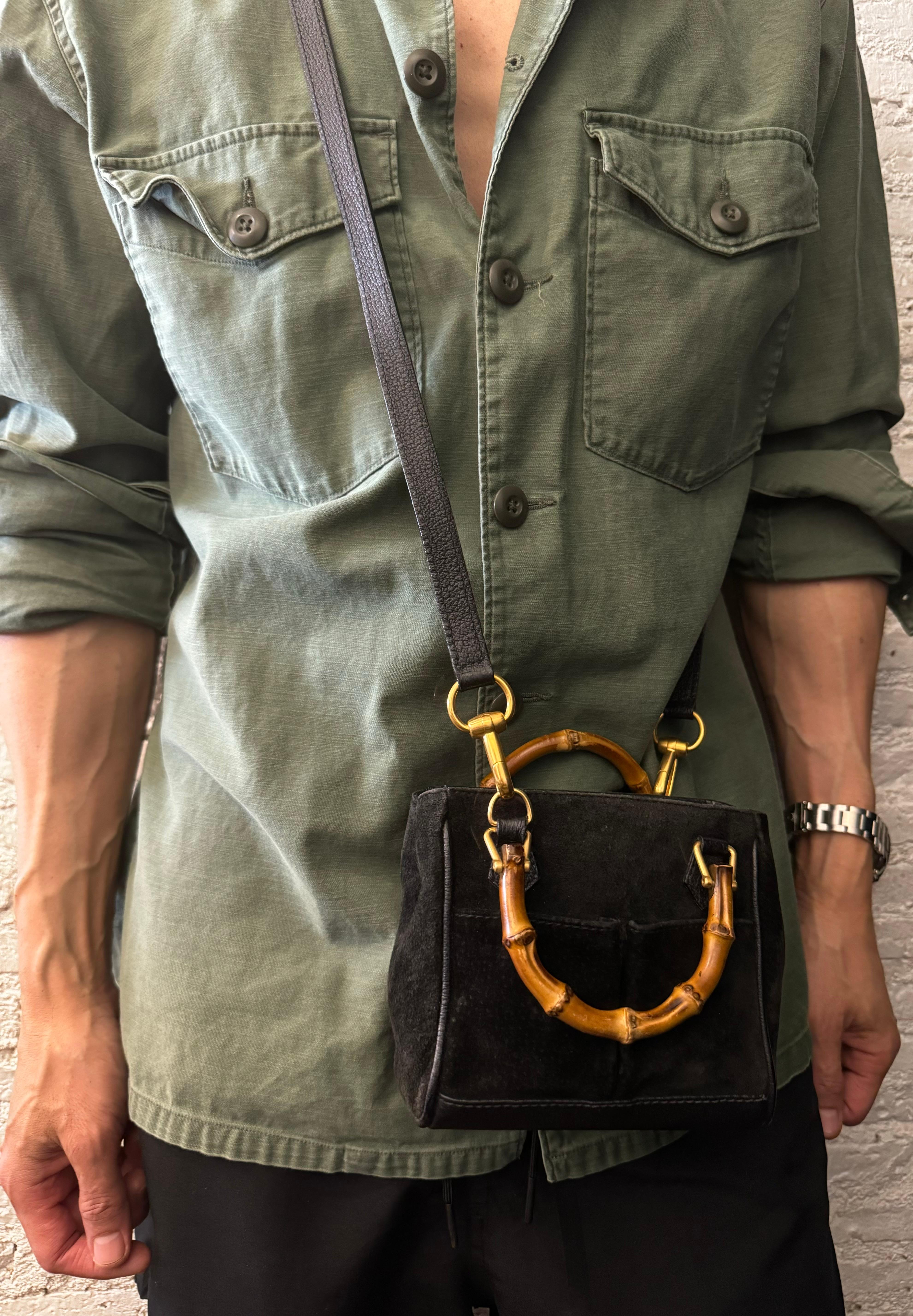 Women's or Men's 1990s Vintage GUCCI Mini Nubuck Leather Bamboo Two-Way Crossbody Handbag Black