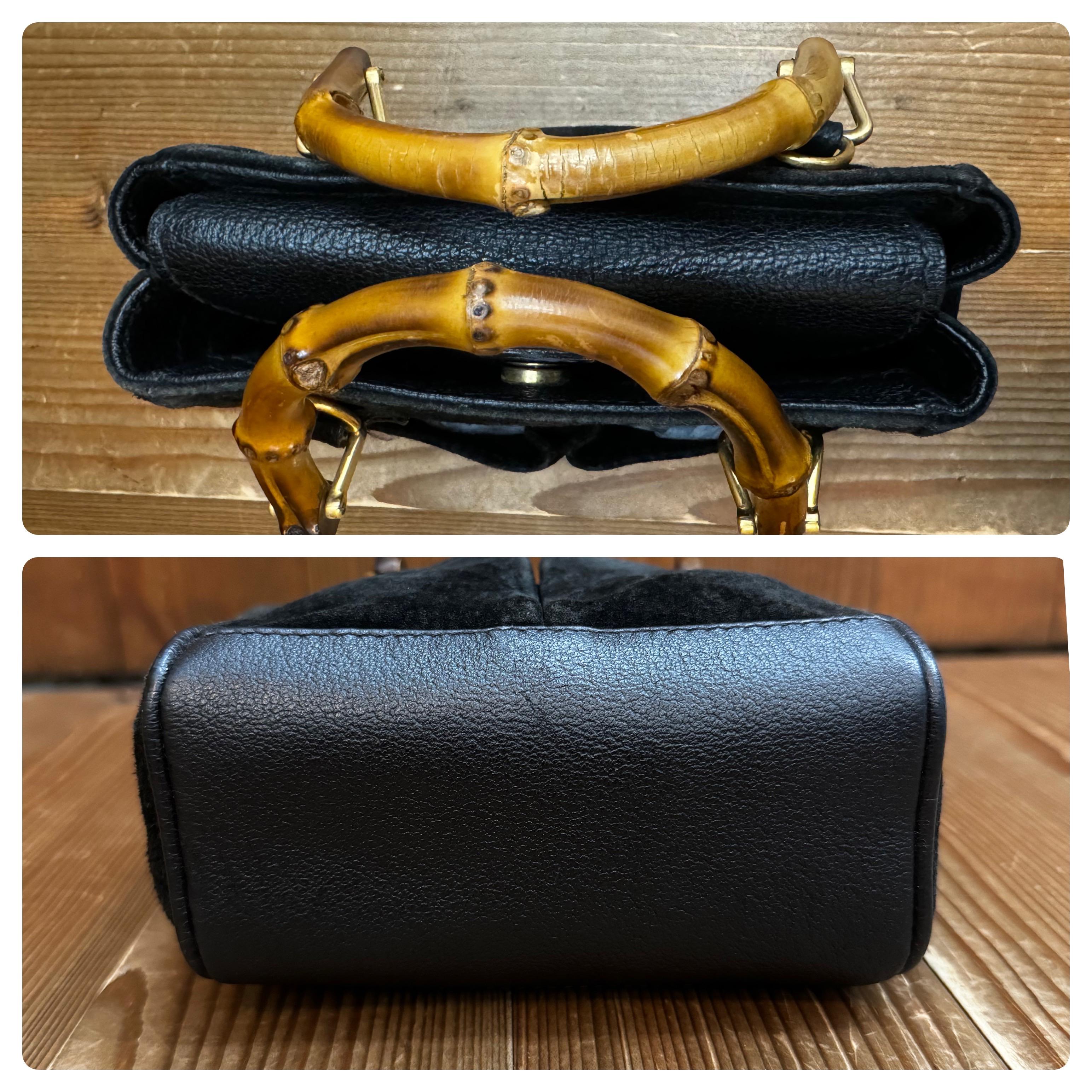 1990s Vintage GUCCI Mini Nubuck Leather Bamboo Two-Way Crossbody Handbag Black 1