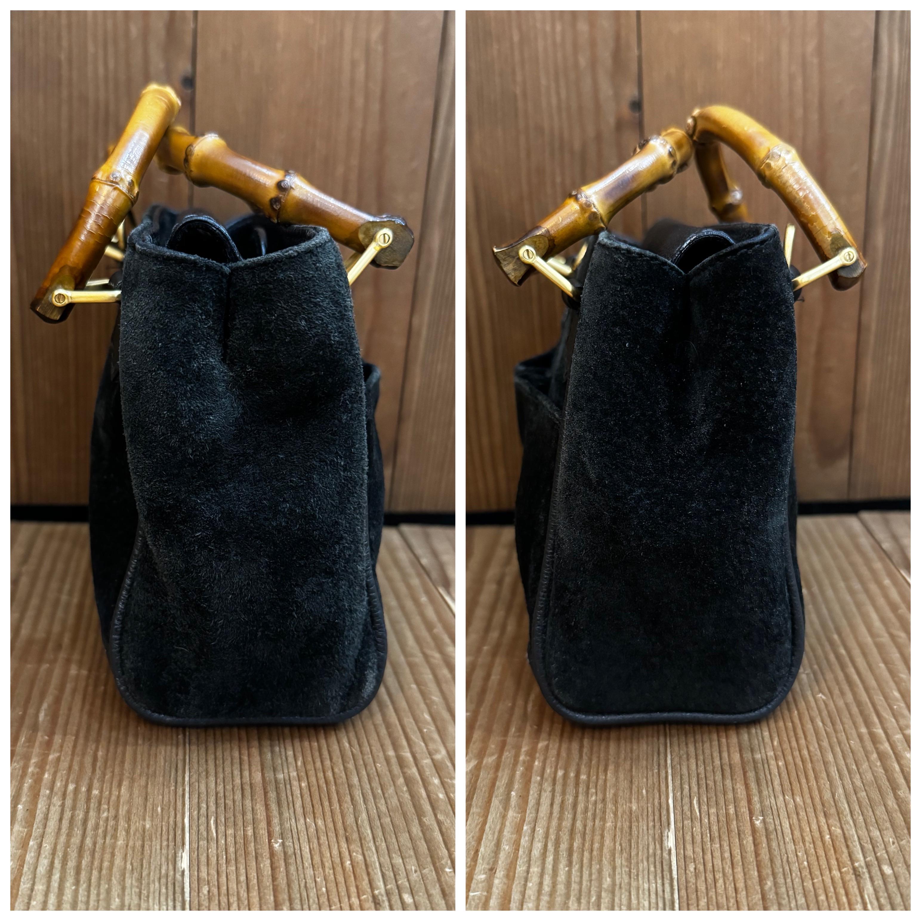 1990s Vintage GUCCI Mini Nubuck Leather Bamboo Two-Way Crossbody Handbag Black 4