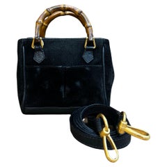 1990s Vintage GUCCI Mini Nubuck Leather Bamboo Two-Way Crossbody Handbag Black