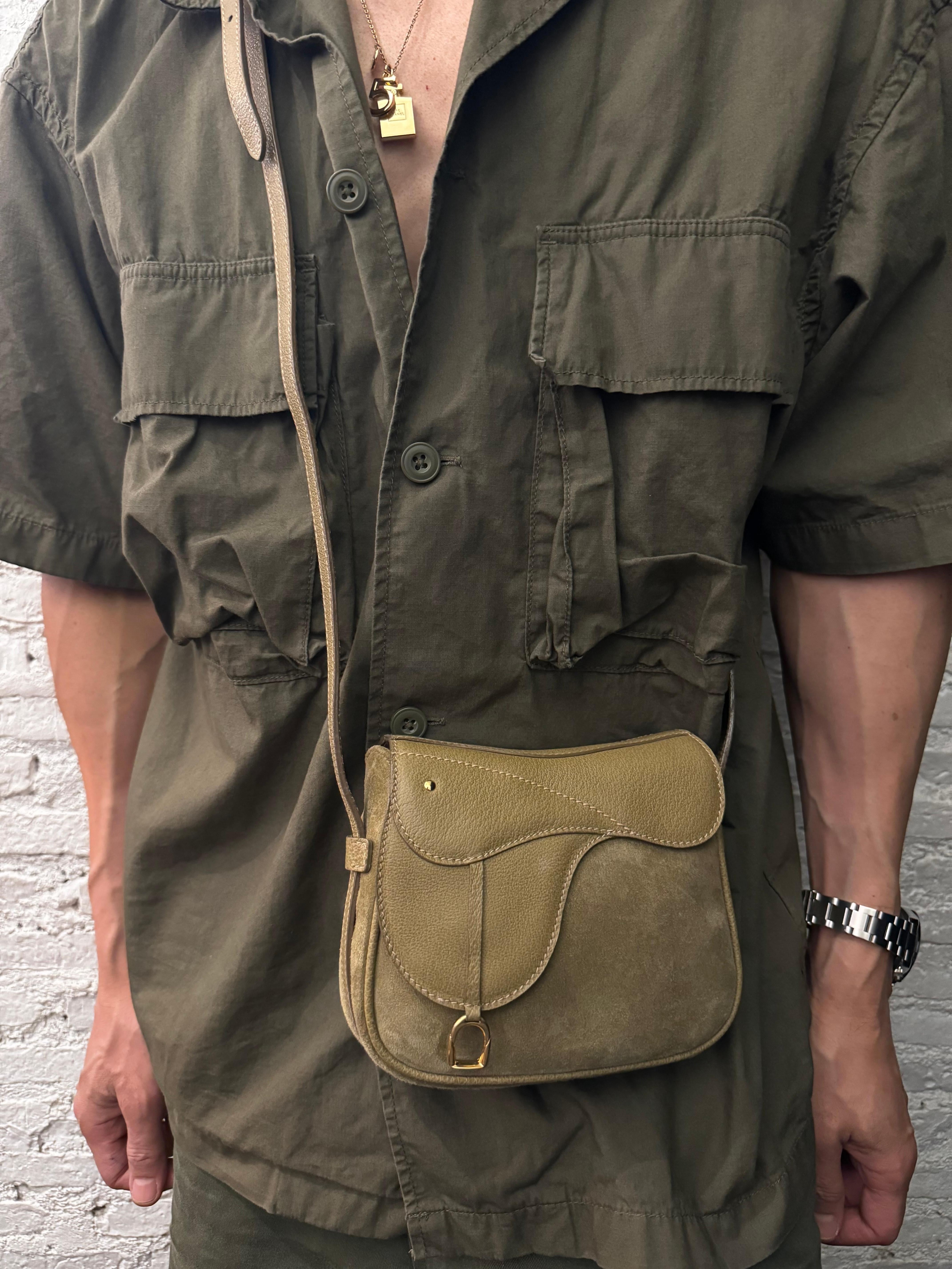 Women's or Men's 1990s Vintage GUCCI Mini Nubuck Leather Two-Way Saddle Crossbody Belt Bag Khaki For Sale