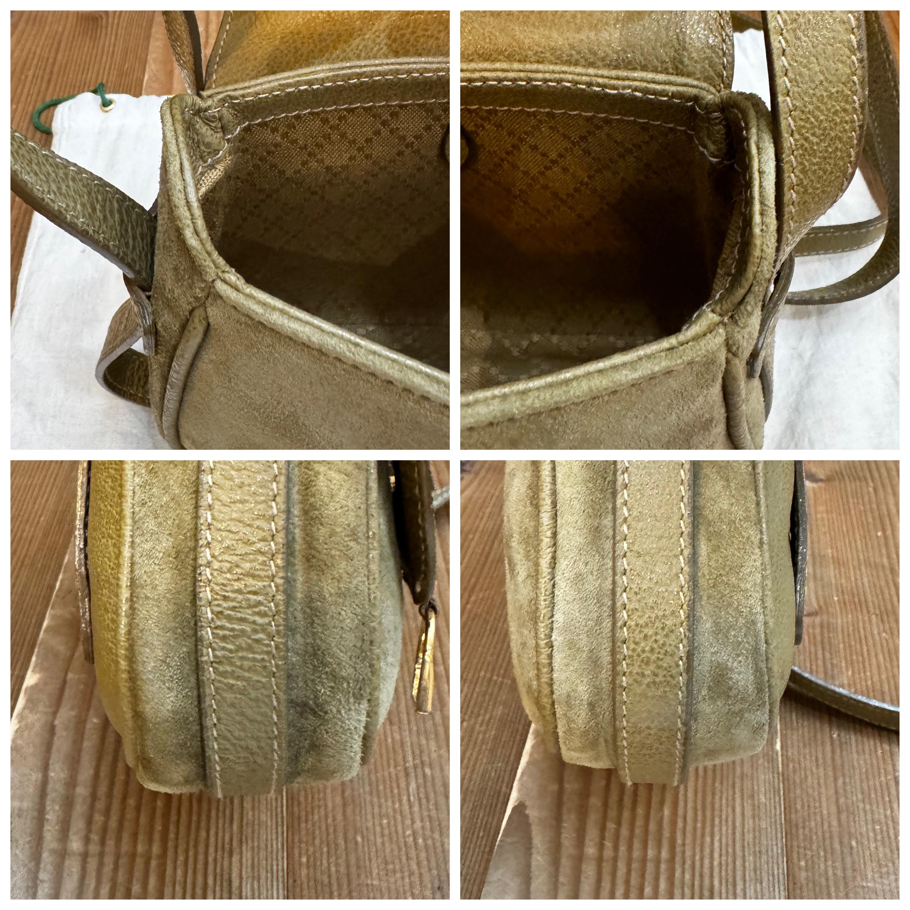 1990s Vintage GUCCI Mini Nubuck Leather Two-Way Saddle Crossbody Belt Bag Khaki For Sale 4