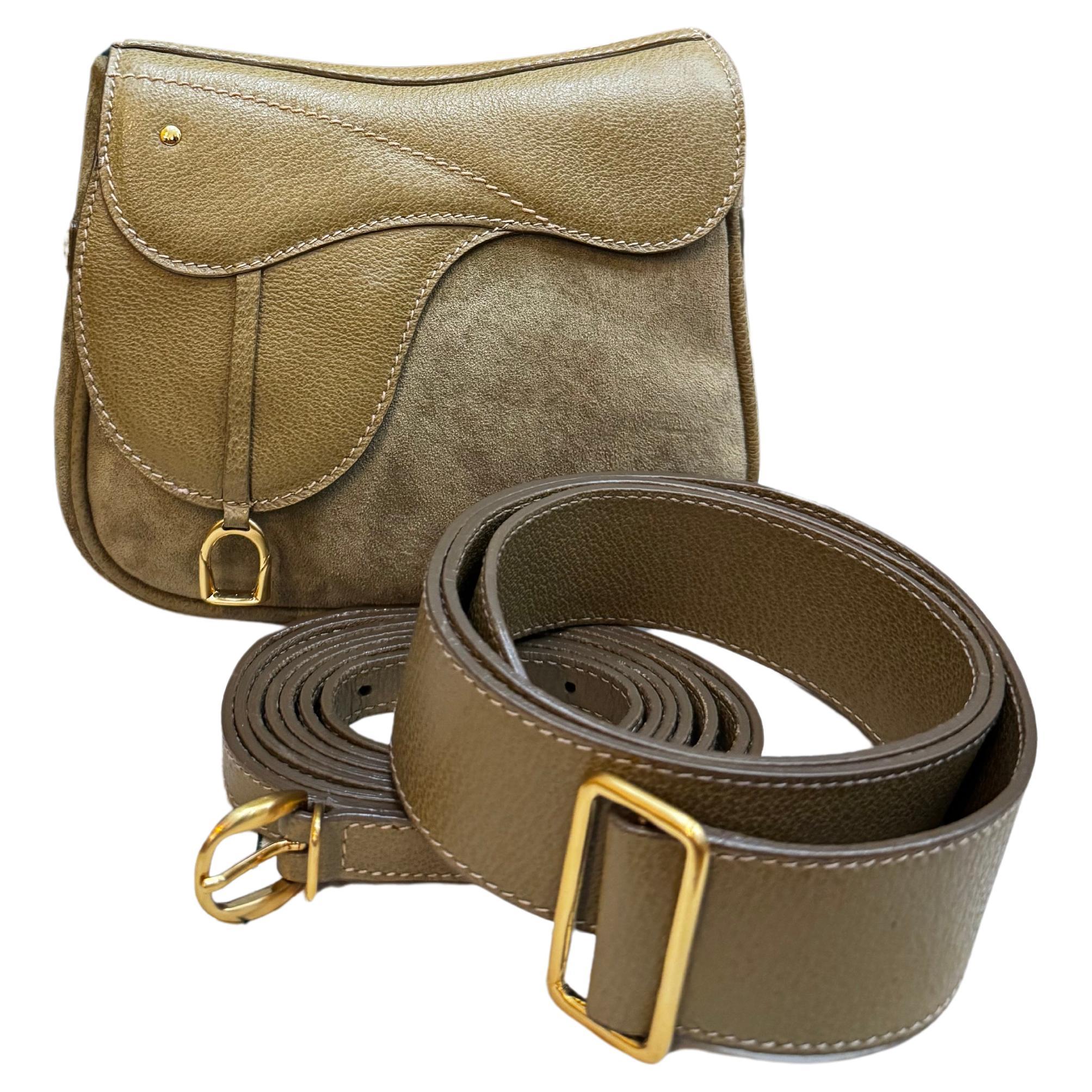 1990s Vintage GUCCI Mini Nubuck Leather Two-Way Saddle Crossbody Belt Bag Khaki For Sale