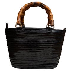 1990s Vintage GUCCI Mini Patent Leathe Bamboo Tote Black