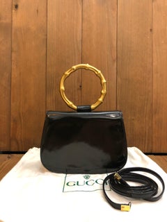 1990s Vintage GUCCI Mini Bamboo Ring Handbag Crossbody Bag Patent Leather Black