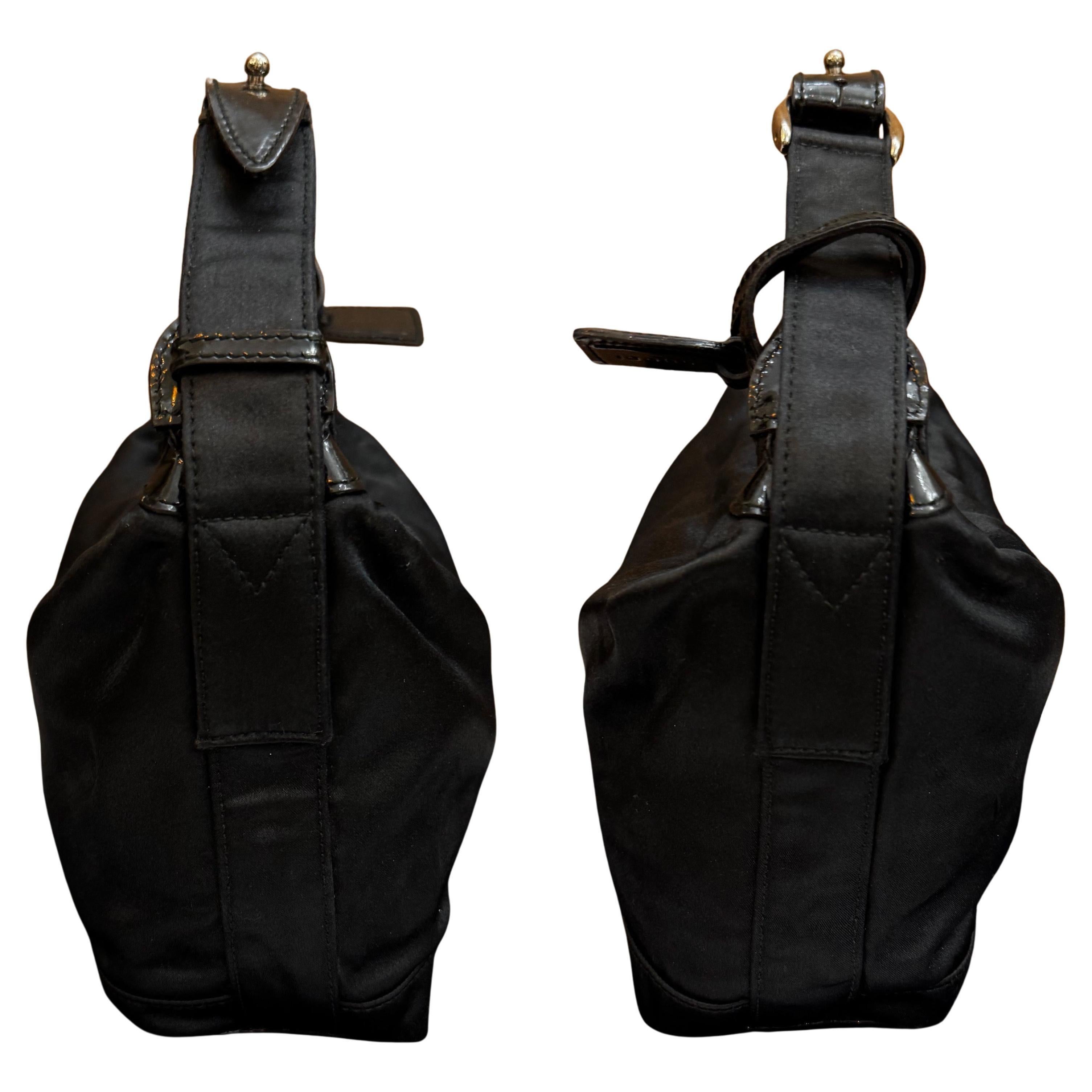 Noir 1990s Vintage GUCCI Mini Satin Bamboo Hand Bag Black en vente