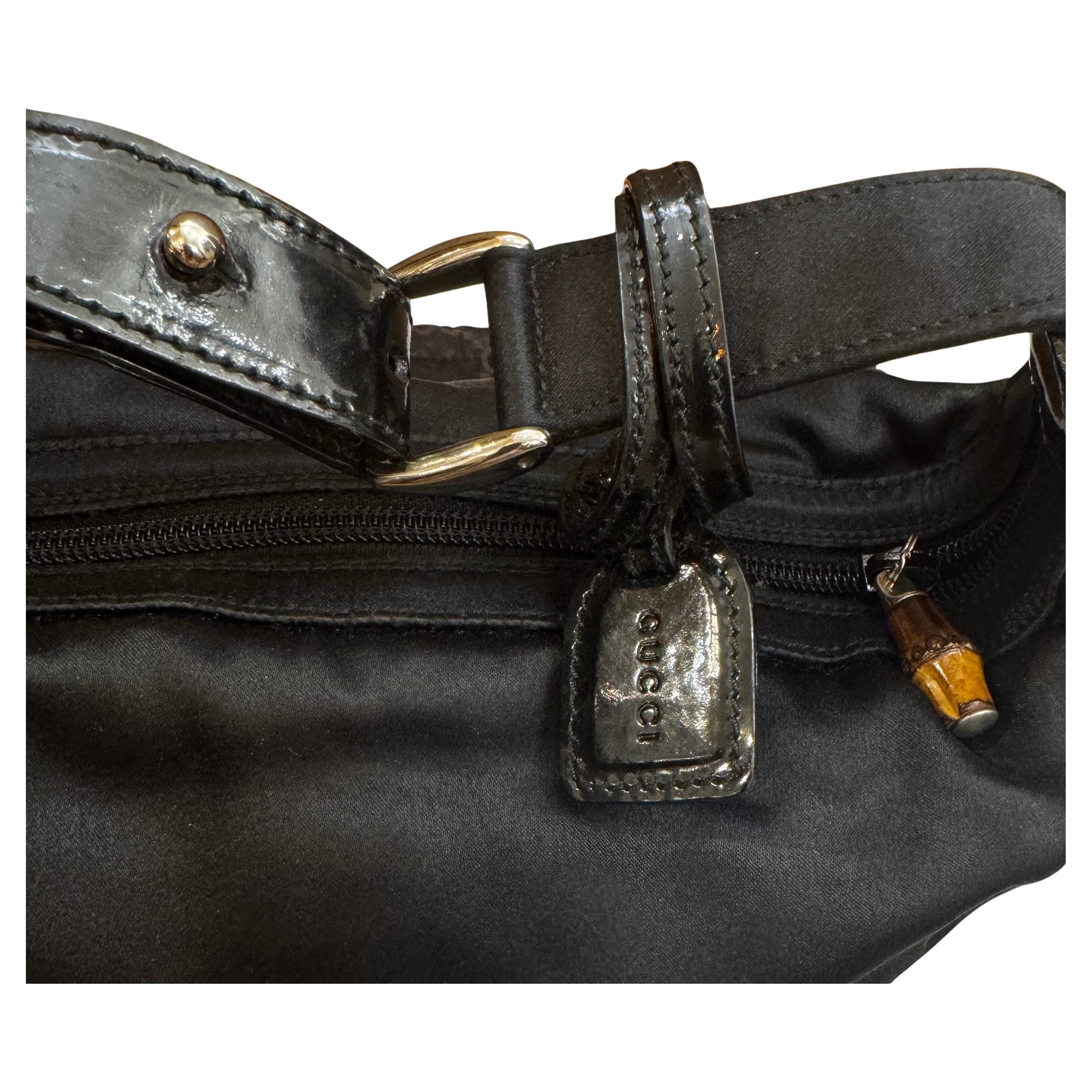 1990s Vintage GUCCI Mini Satin Bamboo Hand Bag Black Bon état - En vente à Bangkok, TH