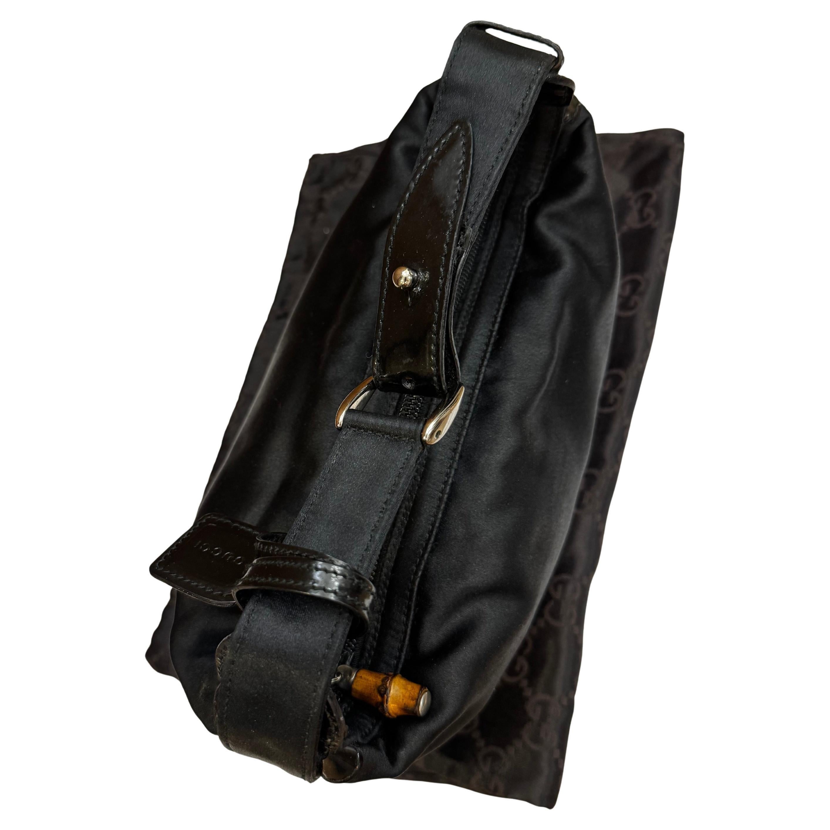 1990s Vintage GUCCI Mini Satin Bamboo Hand Bag Black Pour femmes en vente