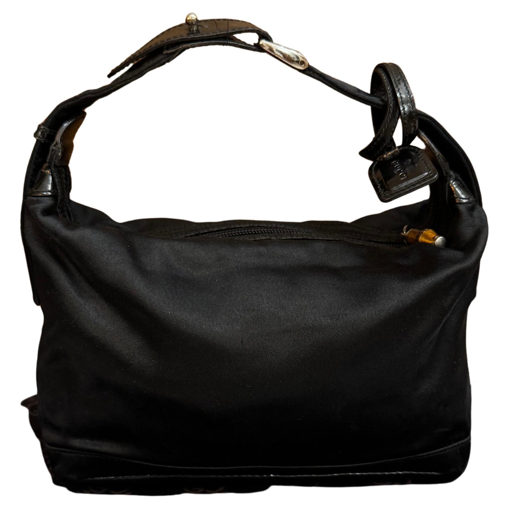 1990s Vintage GUCCI Mini Satin Bamboo Hand Bag Black