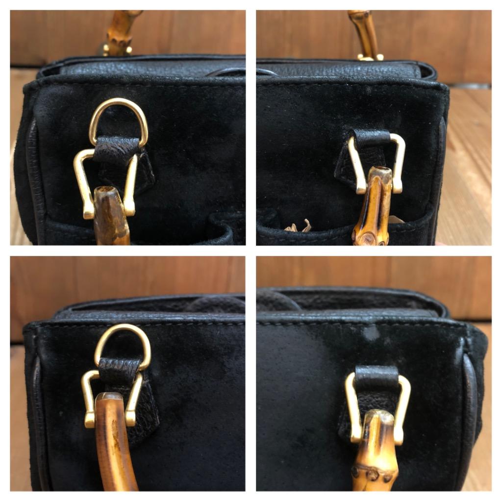 1990s Vintage GUCCI Mini Nubuck Leather Bamboo Two-Way Crossbody Handbag Black 7