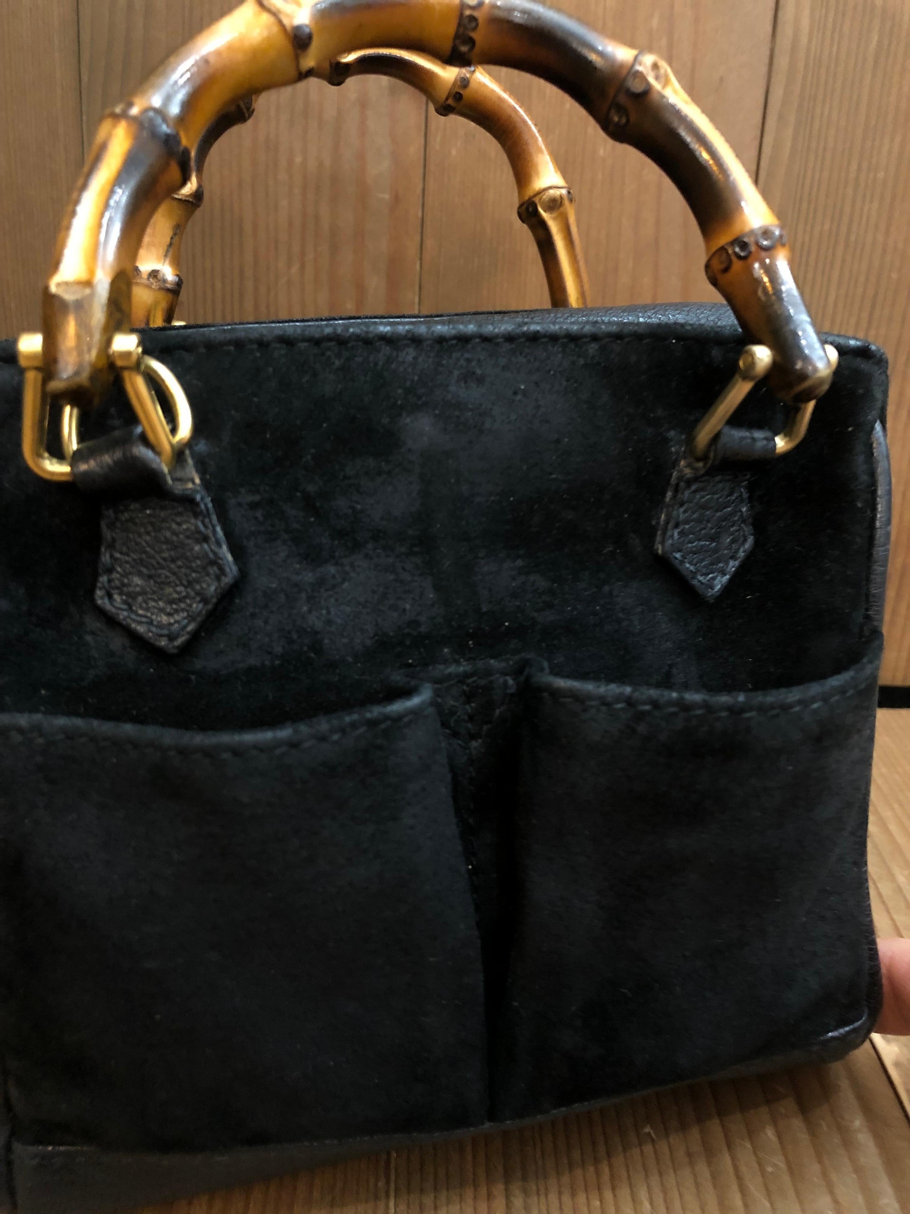 1990s Vintage GUCCI Mini Nubuck Leather Bamboo Two-Way Crossbody Handbag Black 8