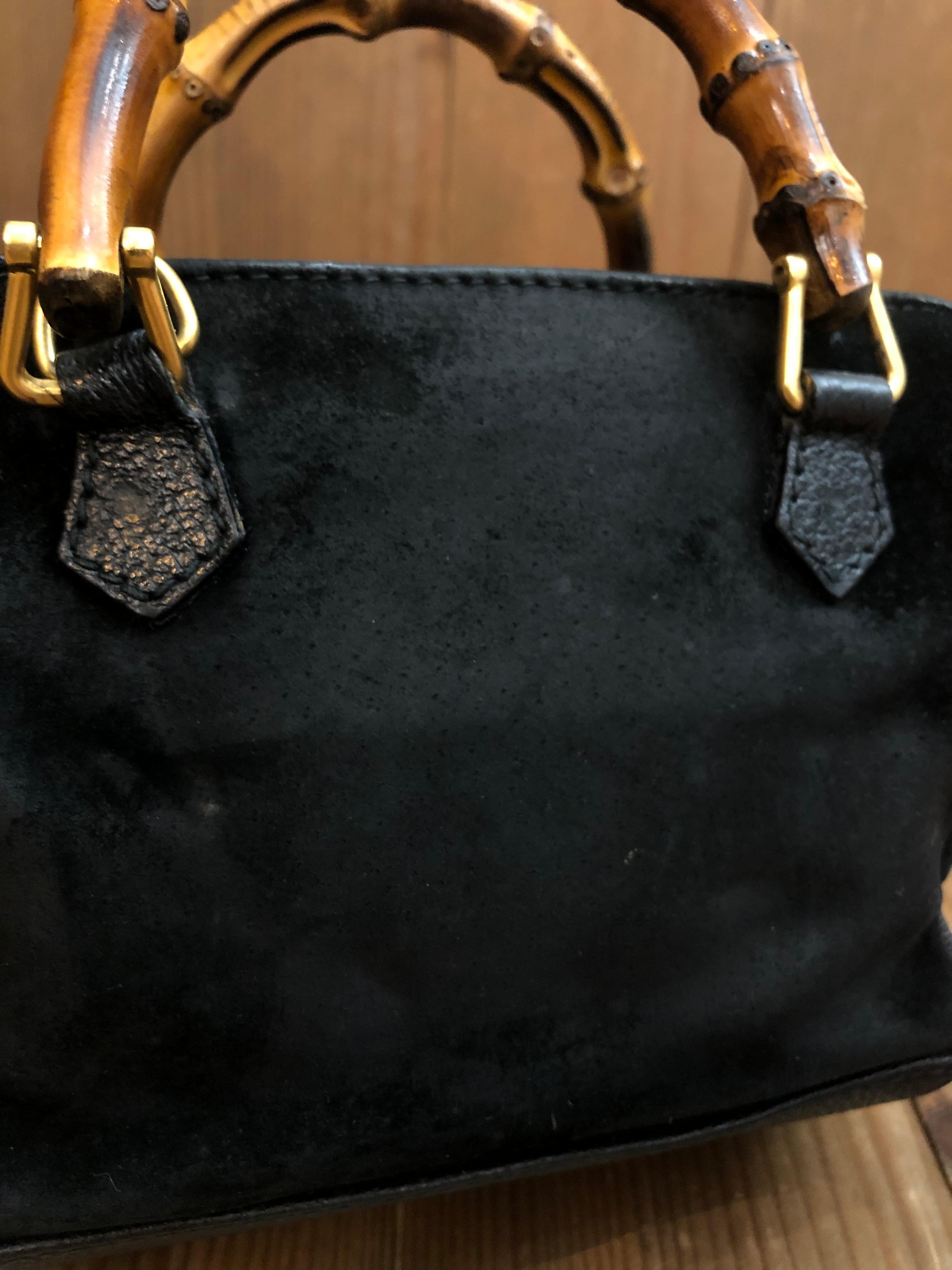 1990s Vintage GUCCI Mini Nubuck Leather Bamboo Two-Way Crossbody Handbag Black 9