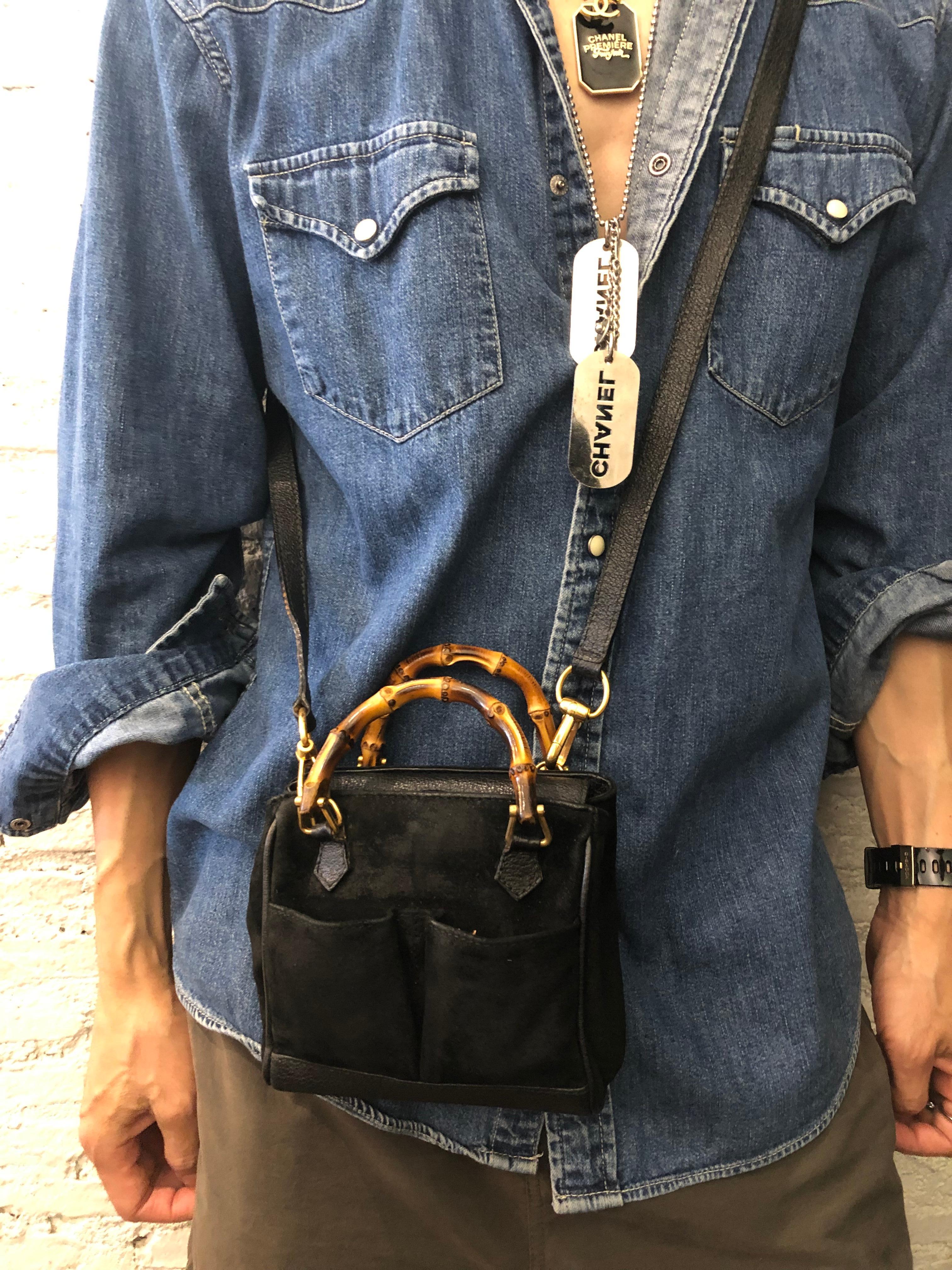1990s Vintage GUCCI Mini Nubuck Leather Bamboo Two-Way Crossbody Handbag Black 2