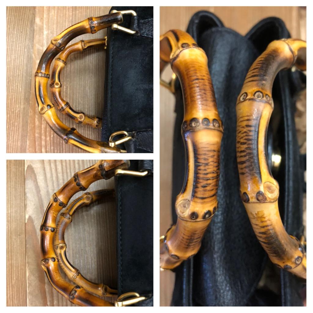 1990s Vintage GUCCI Mini Nubuck Leather Bamboo Two-Way Crossbody Handbag Black 3