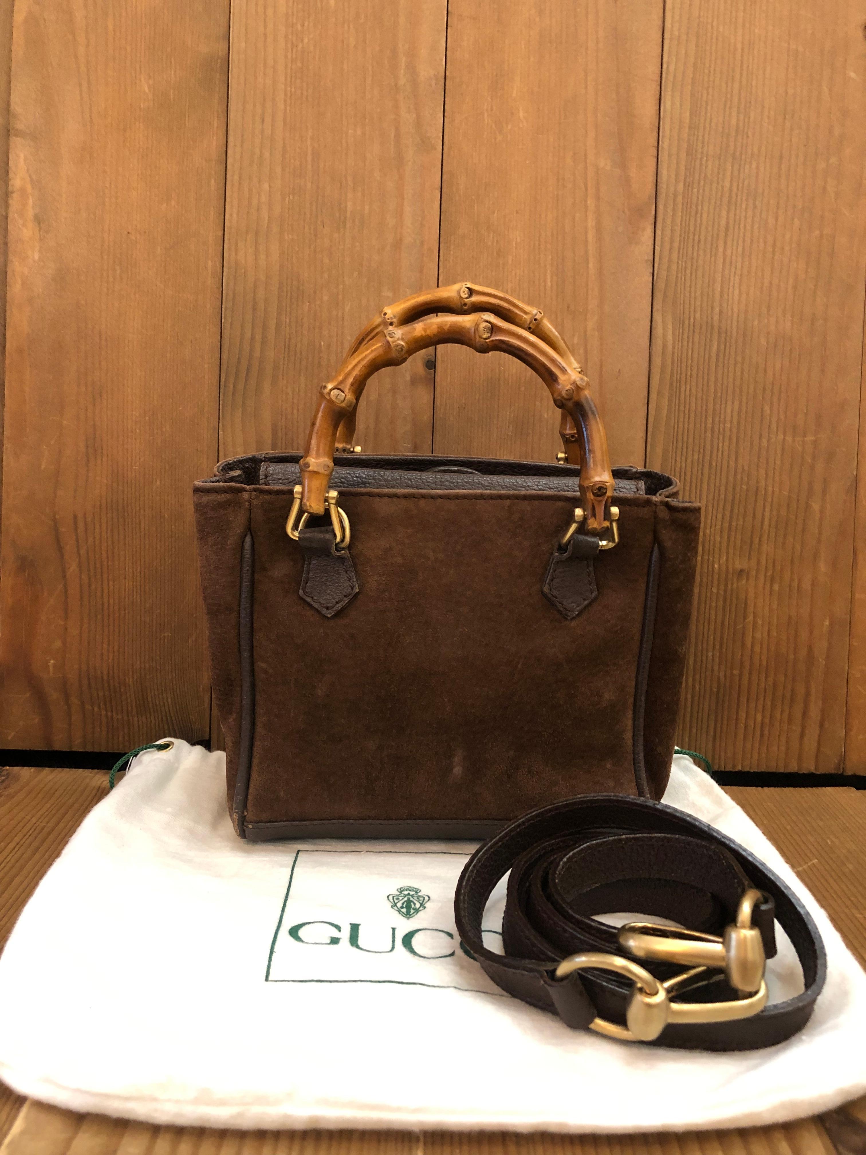 1990s Vintage GUCCI Mini Nubuck Leather Bamboo Two-Way Crossbody Handbag Brown In Good Condition For Sale In Bangkok, TH