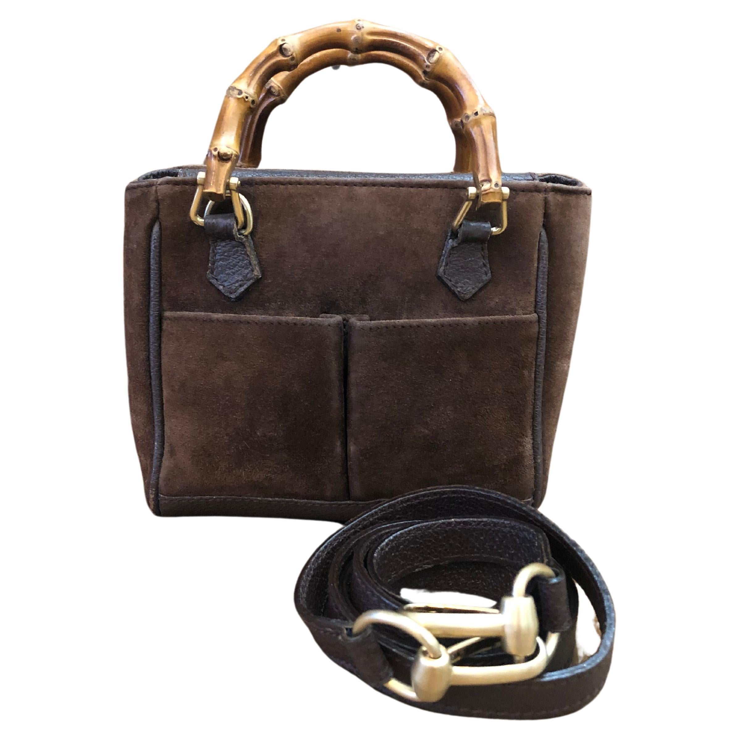 1990s Vintage GUCCI Mini Nubuck Leather Bamboo Two-Way Crossbody Handbag Brown For Sale