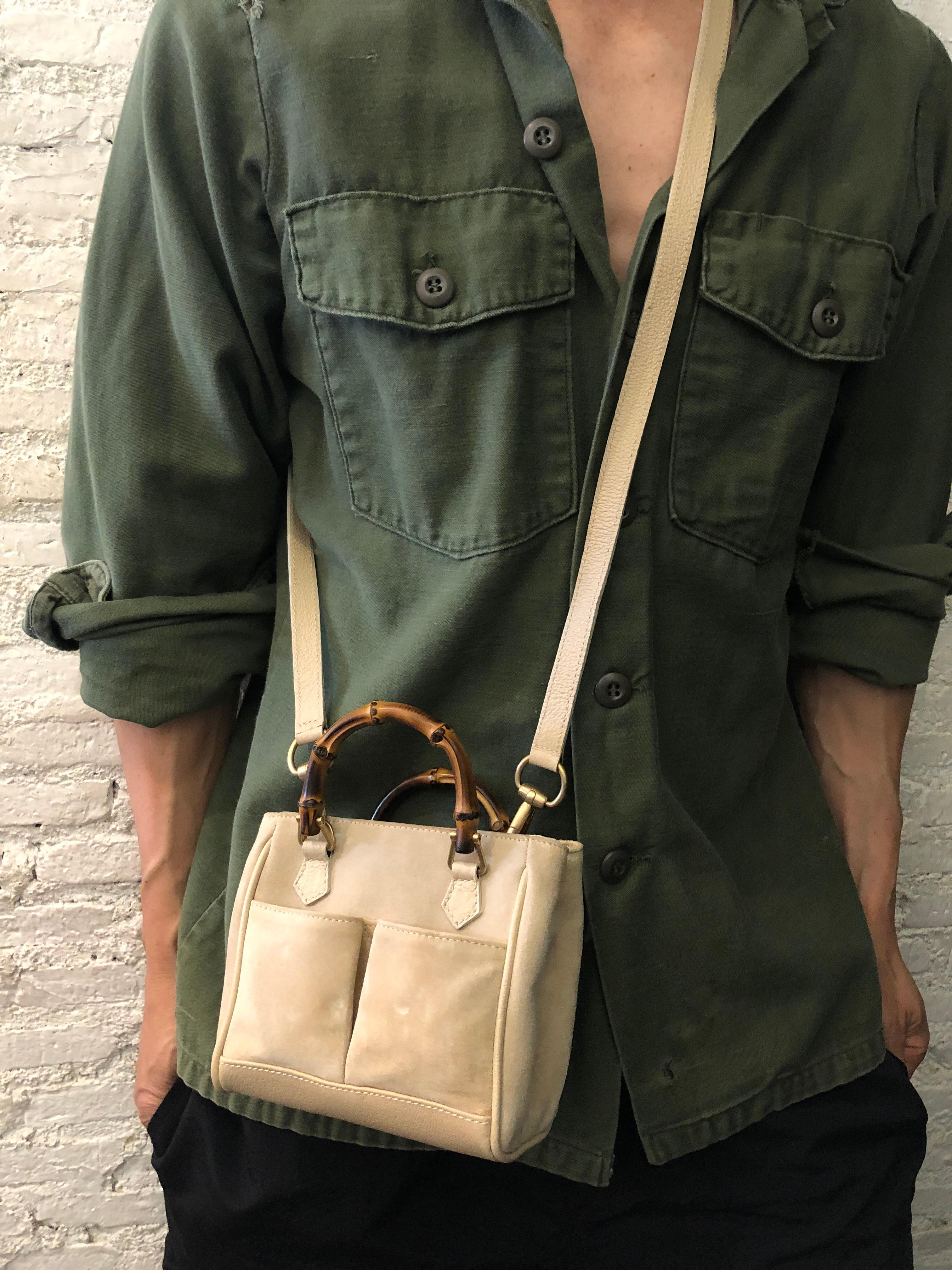 Women's or Men's 1990s Vintage GUCCI Mini Nubuck Leather Bamboo Two-Way Crossbody Handbag Beige