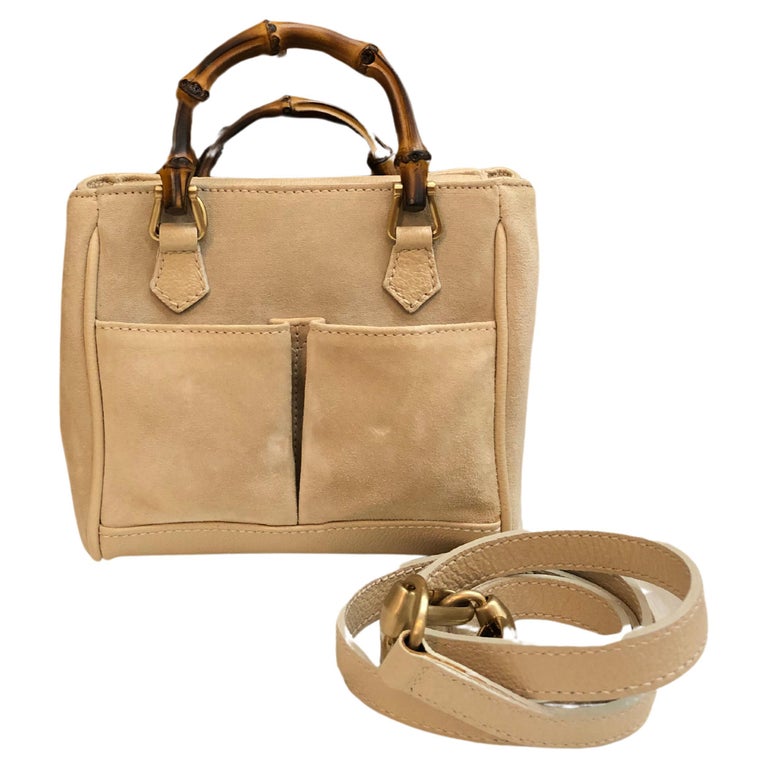 1990s Vintage Gucci Mini Nubuck Leather Bamboo Two-Way Crossbody Handbag Beige