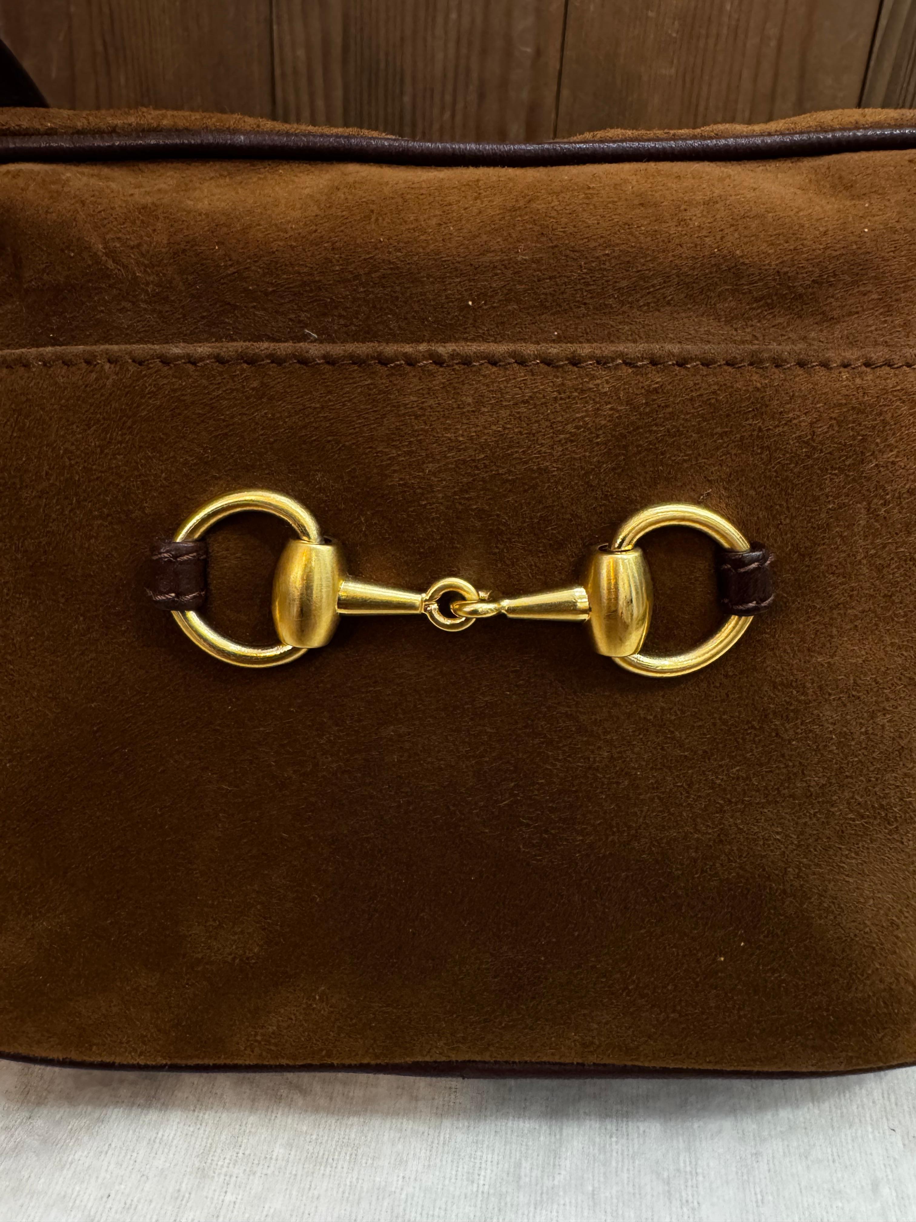 Women's 1990s Vintage GUCCI Nubuck Horsebit Camera Bag Brown Small Unisex For Sale