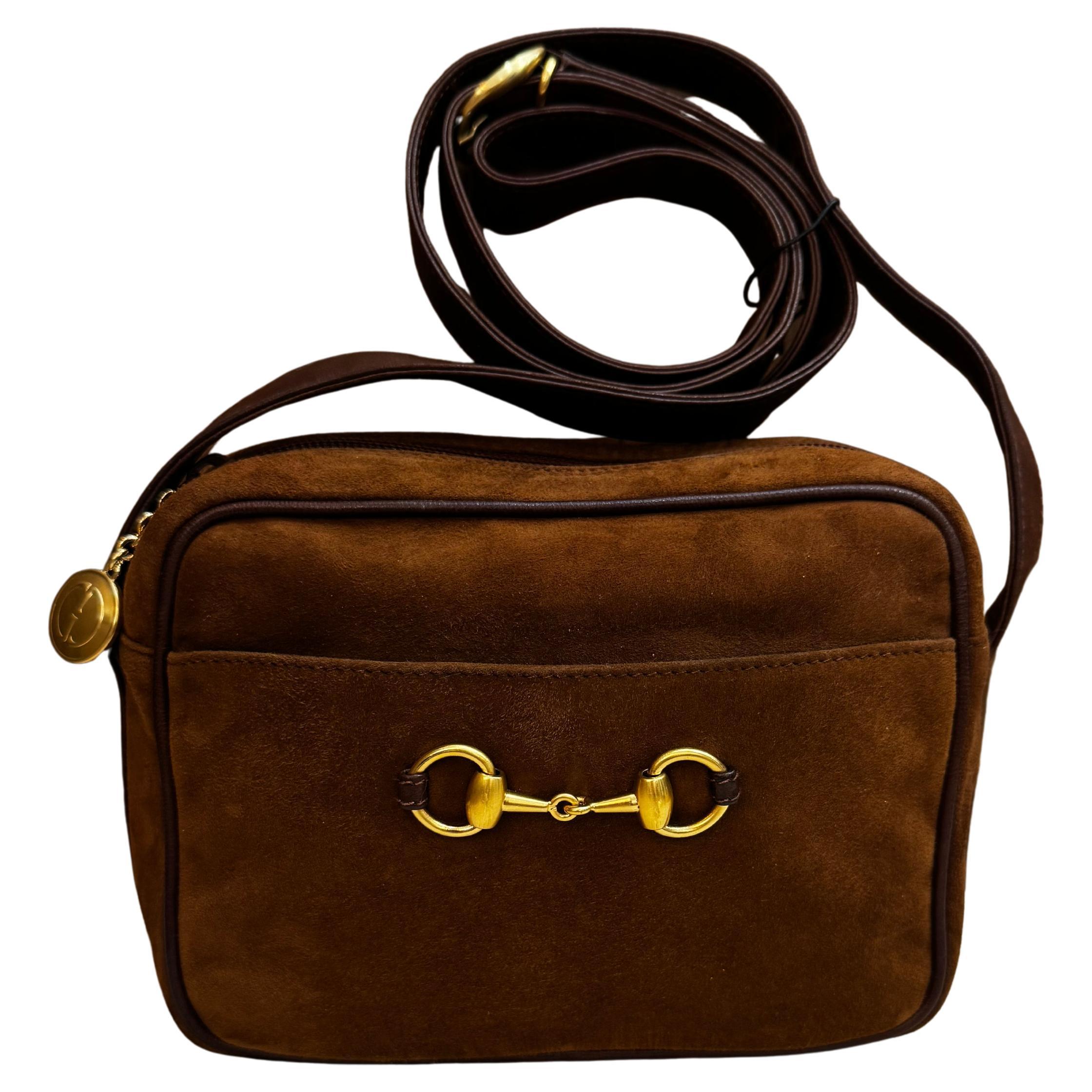 1990s Vintage GUCCI Nubuck Horsebit Camera Bag Brown Small Unisex For Sale