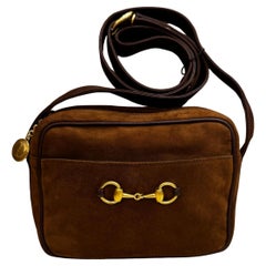 1990s Vintage GUCCI Nubuck Horsebit Camera Bag Brown Small Unisex